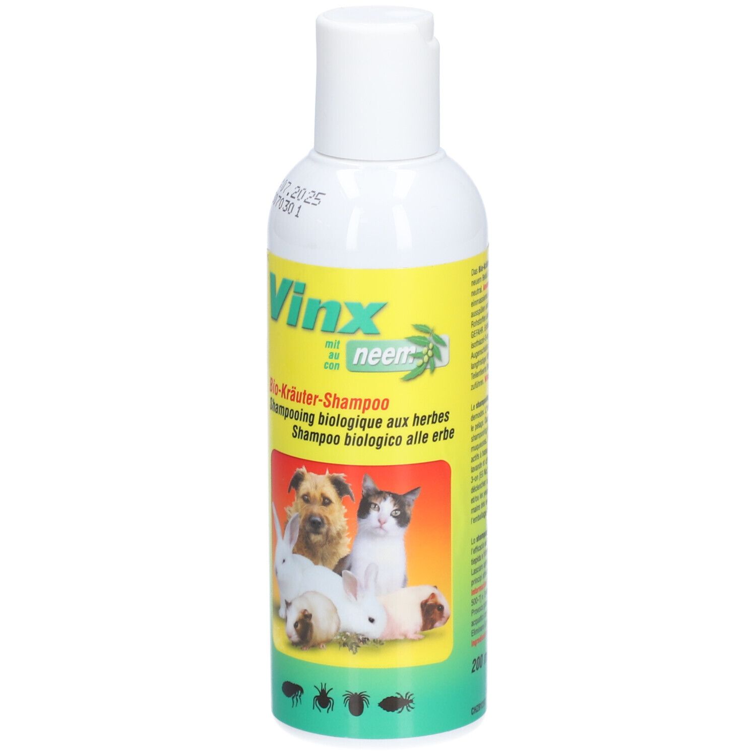 Flacon blanc avec étiquette jaune. Inscription: Vinx avec Neem, Bio-Kräuter-Shampoo. Image d'animaux.