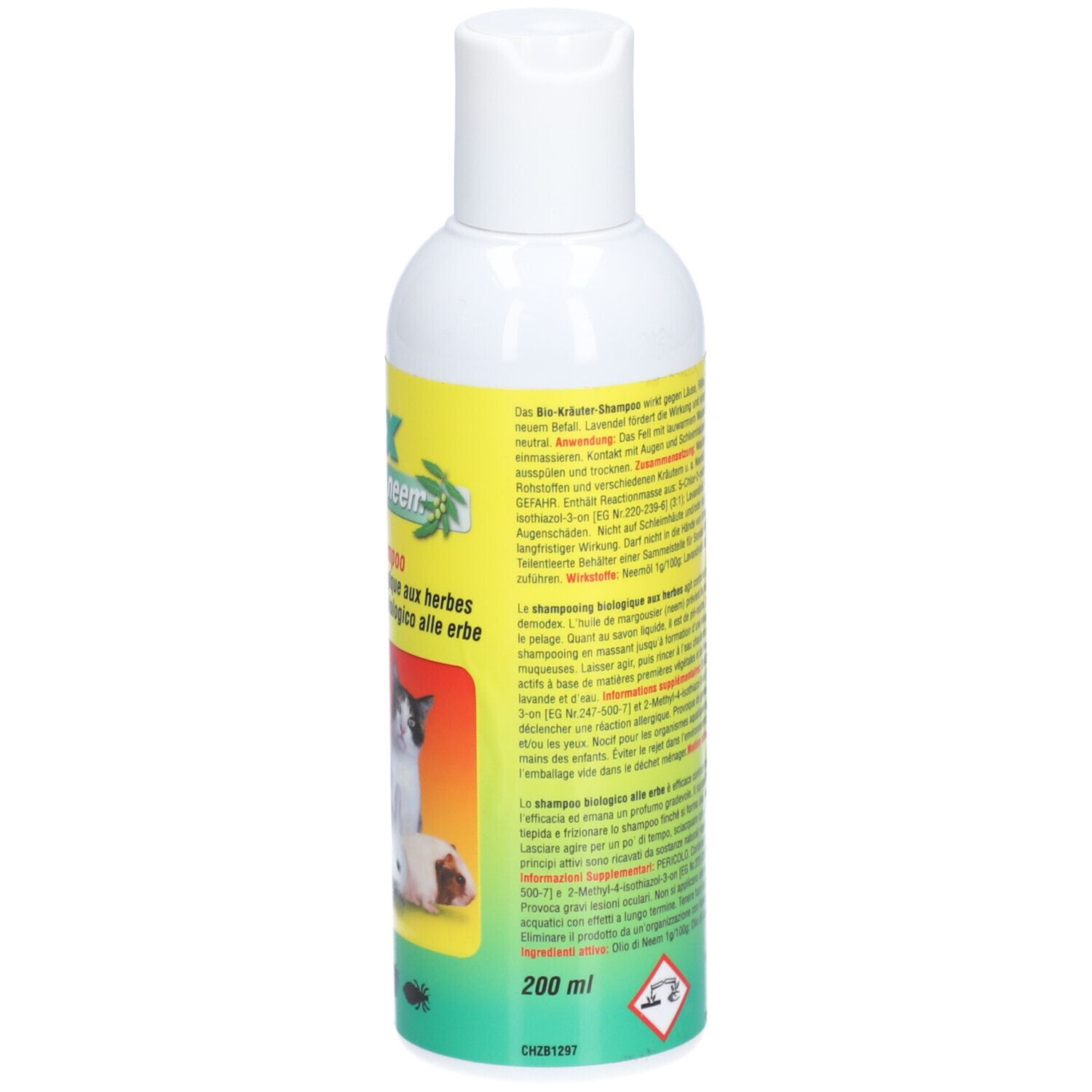 Flacon blanc avec étiquette jaune. Inscription: Vinx avec Neem, Bio-Kräuter-Shampoo. 200 ml. Image d'animaux.