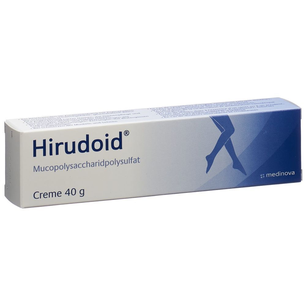 Schachtel mit Produktnamen Hirudoid, Inhaltsstoff Mucopolysaccharidpolysulfat und Creme 40 g. Logo von medinova.
