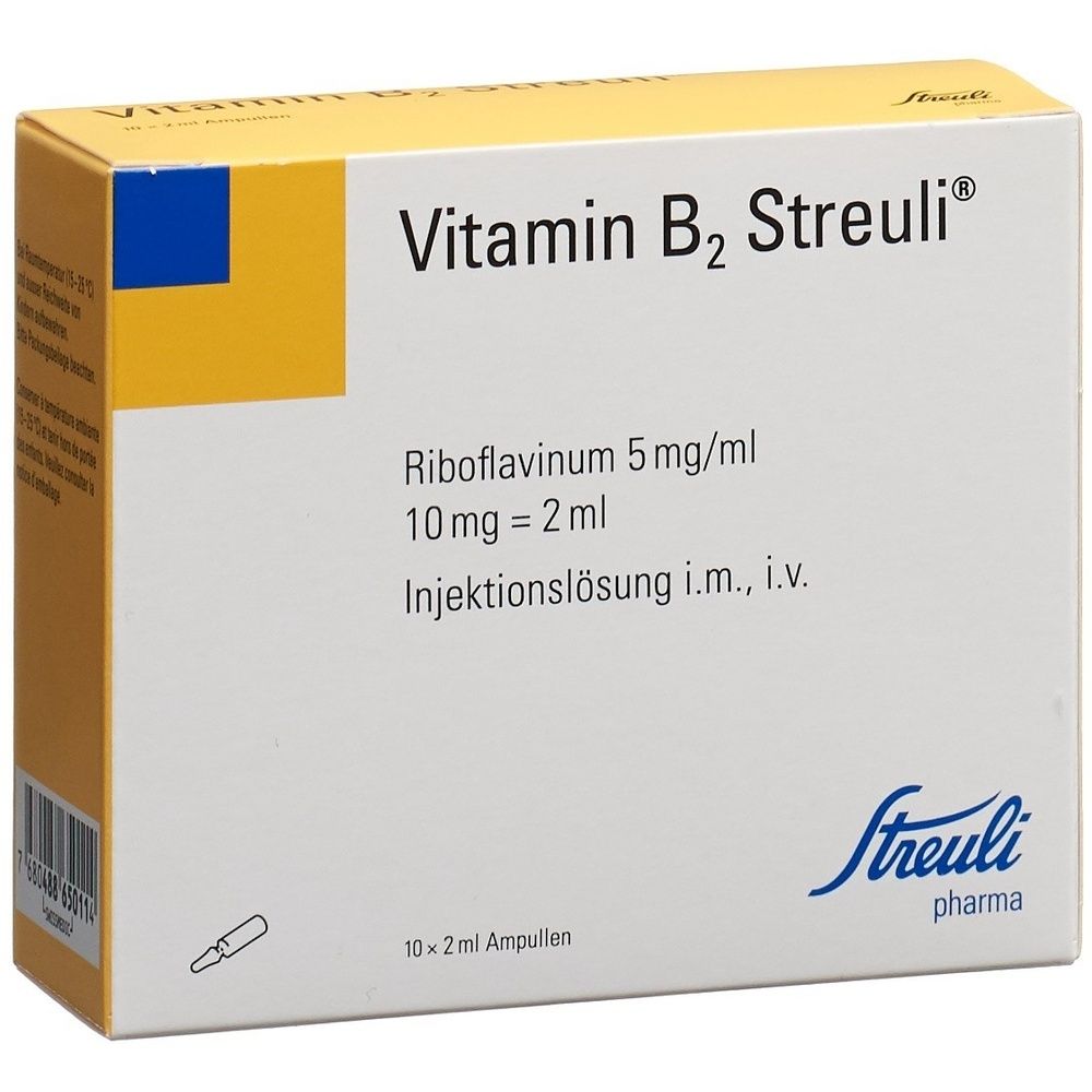 Karton mit gelb-blauem Design. Aufschrift: Vitamin B2 Streuli, Inj. Lös. 10 mg/2 ml. Kleinere Schrift darunter.