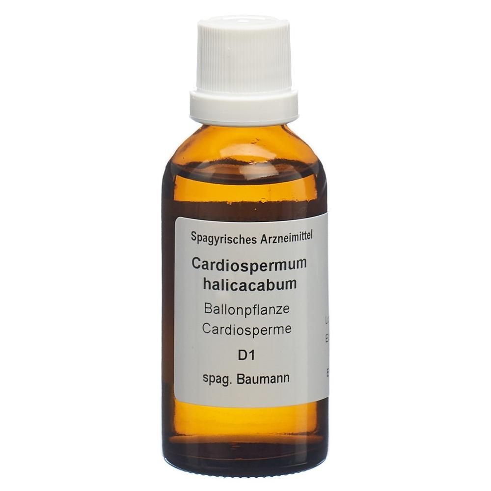 Flacon en verre brun avec bouchon blanc. Étiquette avec texte: Cardiospermum halicacabum, D1, spag. Baumann.