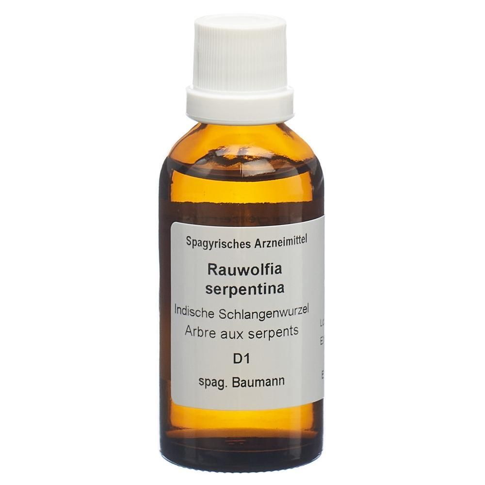 Braune Glasflasche mit weißem Deckel. Etikett mit Text: Rauwolfia serpentina, Indische Schlangenwurzel, D1, spag. Baumann.