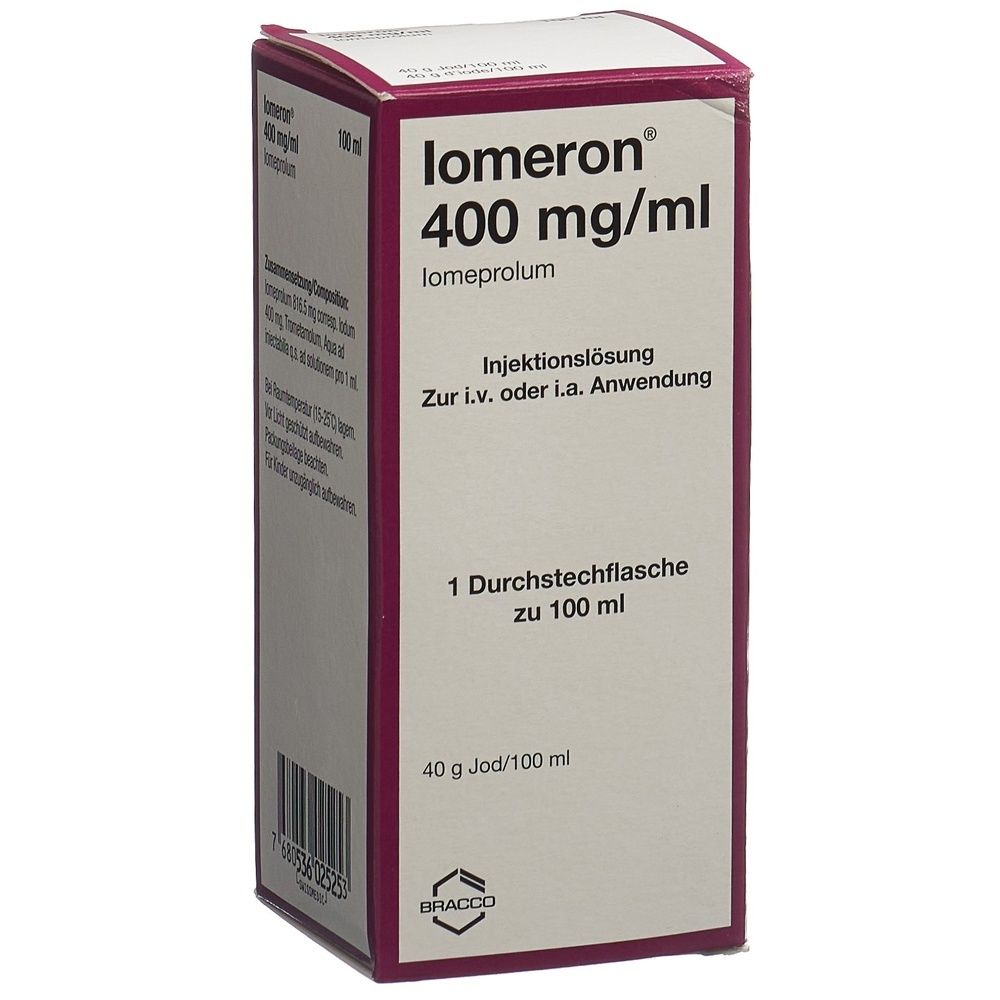 Verpackung von Iomeron 400 mg/ml. Aufschrift: Injektionslösung, 1 Durchstechflasche. Marke: BRACCO.