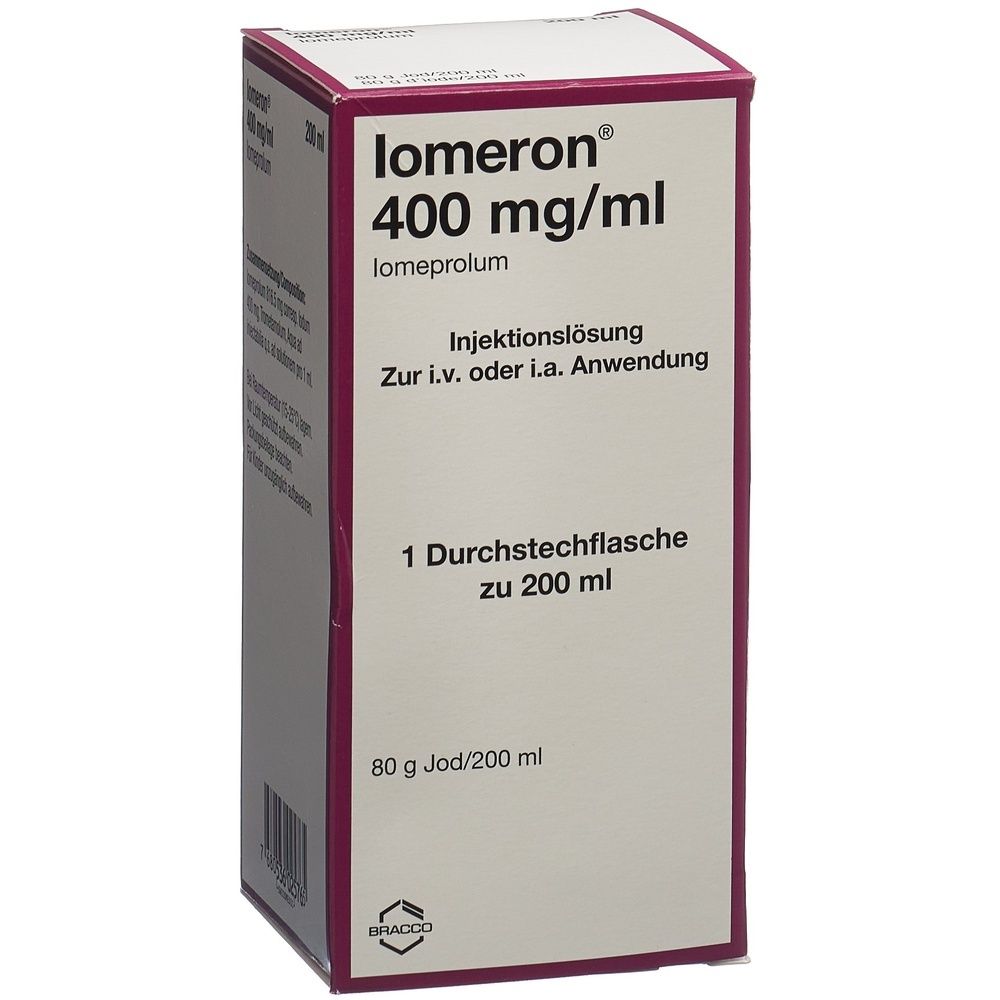 Karton mit Aufschrift "Iomeron 400 mg/ml". Enthält Injektionslösung. 1 Durchstechflasche. Marke Bracco.