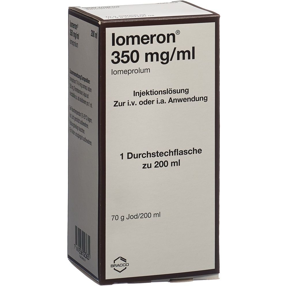 Karton mit Iomeron 350 mg/ml. Aufschrift: Injektionslösung, 1 Durchstechflasche. Hersteller: Bracco.