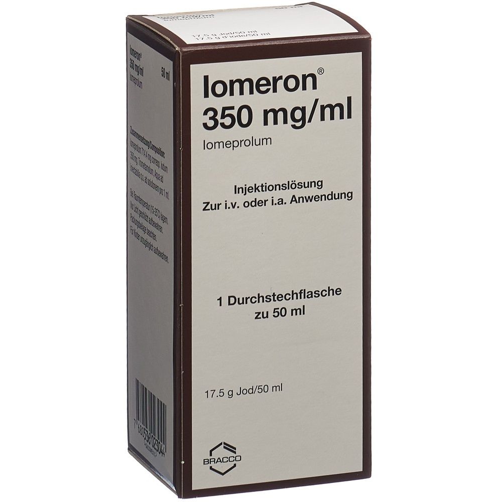 Braune Kartonverpackung. Beschriftung: Iomeron 350 mg/ml, Injektionslösung, 1 Durchstechflasche zu 50 ml. Herstellerlogo BRACCO.