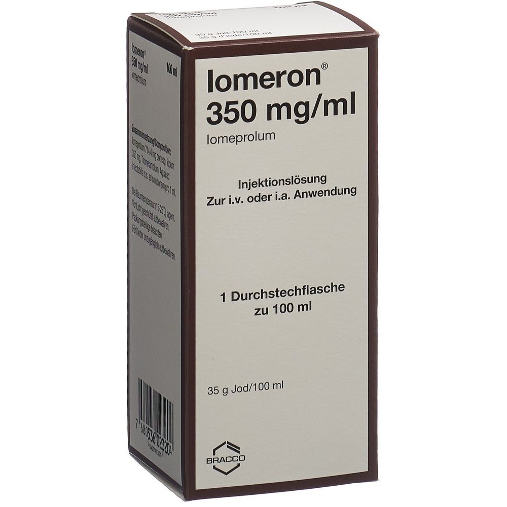 Karton mit Produktinformationen. Aufschrift: Iomeron 350 mg/ml, Injektionslösung. Enthält lomeprolum. Hersteller: Bracco.