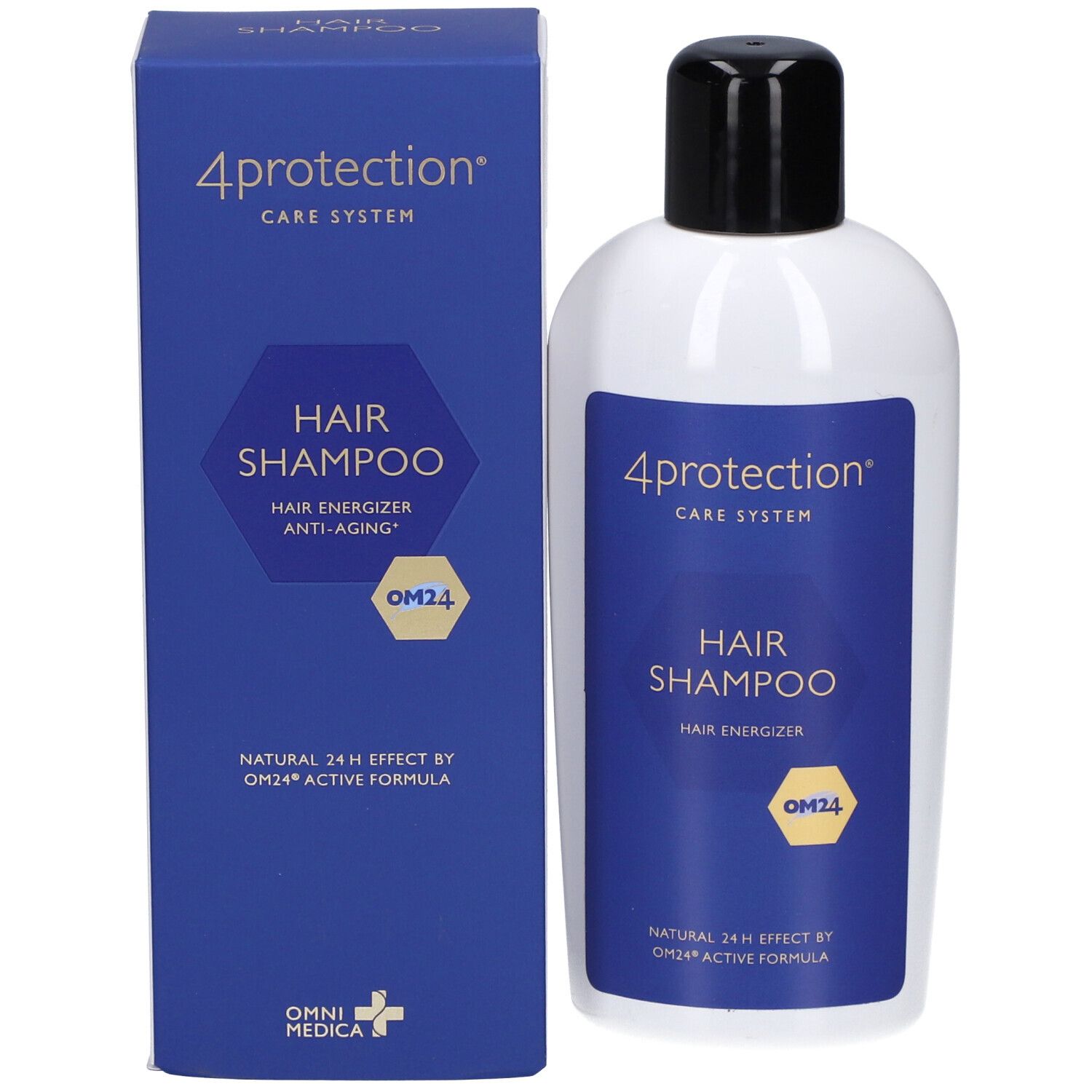 Emballage et flacon. Emballage bleu avec texte: 4protection, Hair Shampoo, OM24. Flacon blanc avec bouchon noir.