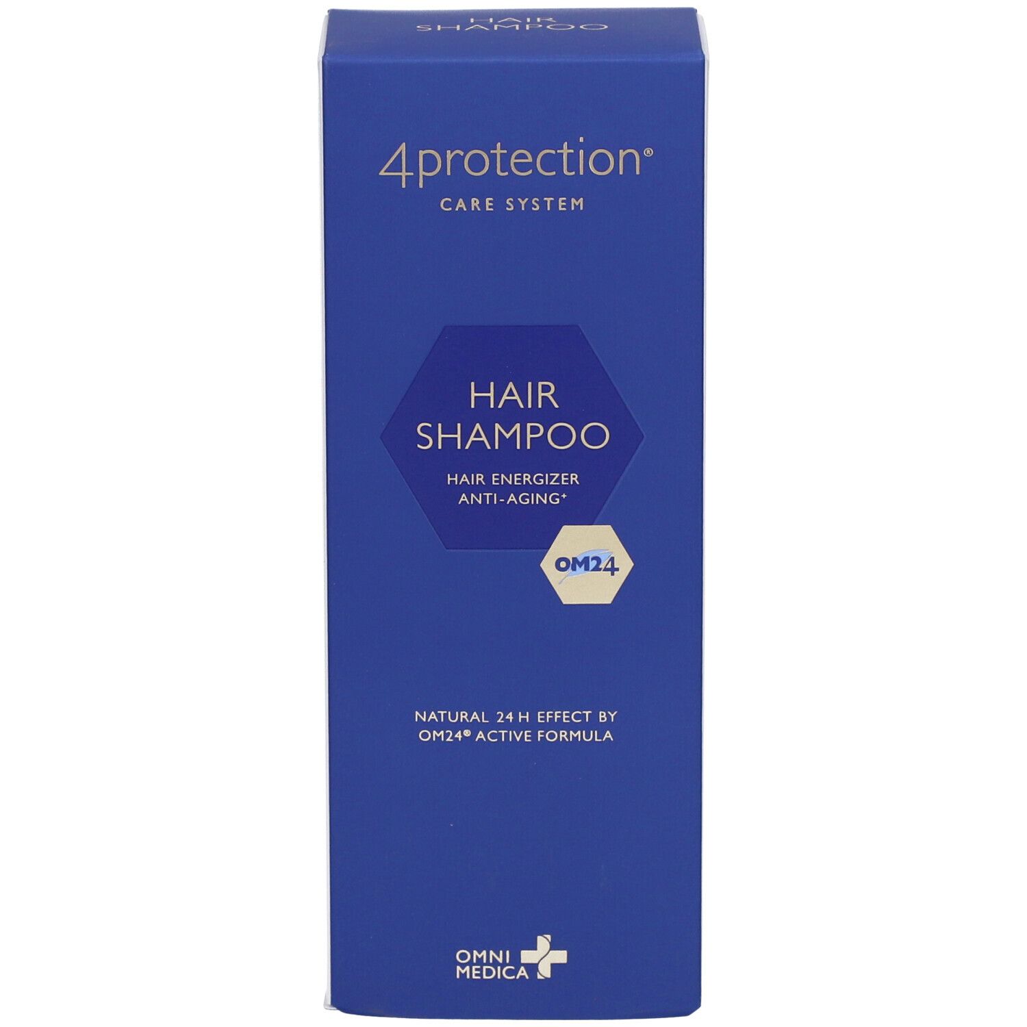 Emballage bleu. Texte: 4protection, Hair Shampoo, OM24. En haut: bleu. En bas: logo Omni Medica.