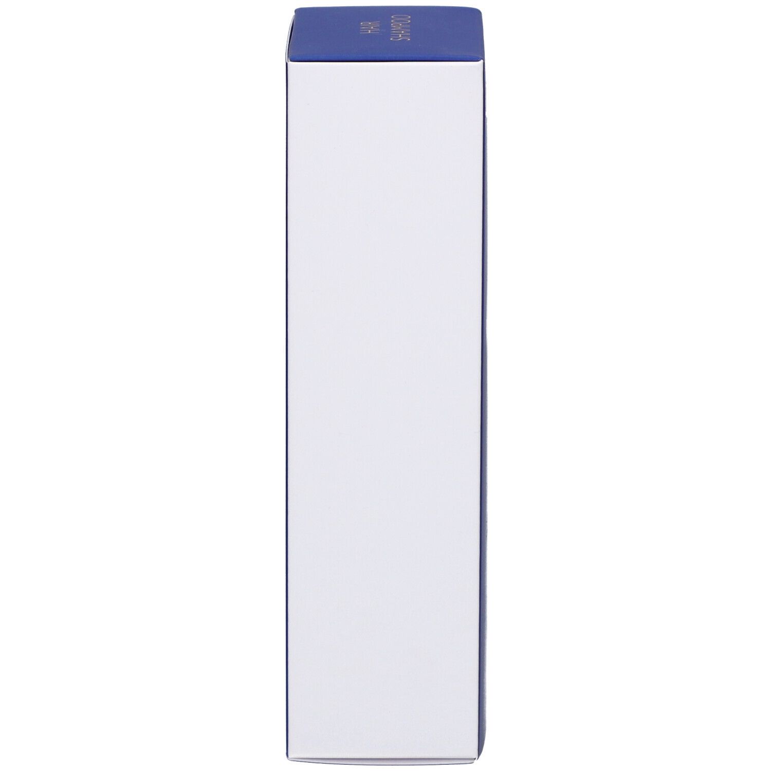 Emballage produit étroit et blanc. En haut: bleu. Vue latérale. Aucun autre détail visible.