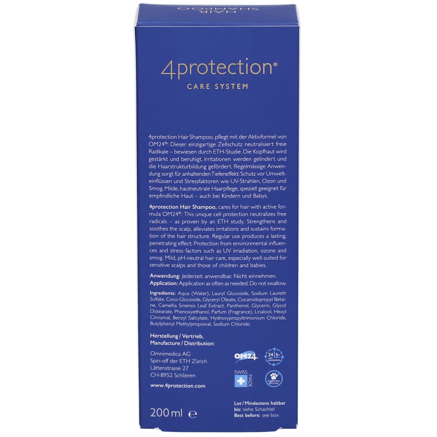 Dos de l'emballage. Texte et ingrédients. En bas: logo Omni Medica et 200 ml.