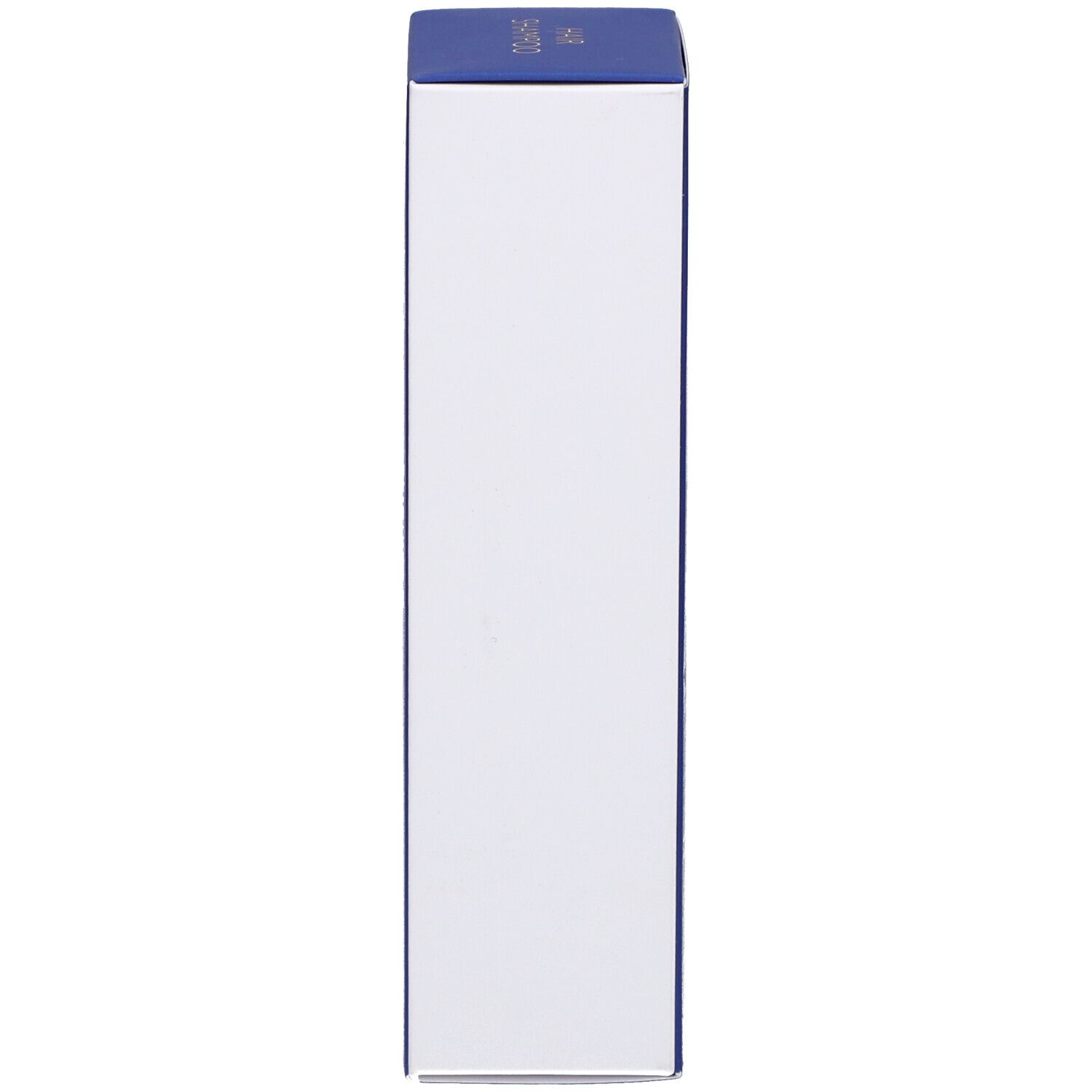 Emballage produit étroit et bleu. Vue latérale. En haut: bleu. Aucun autre détail visible.