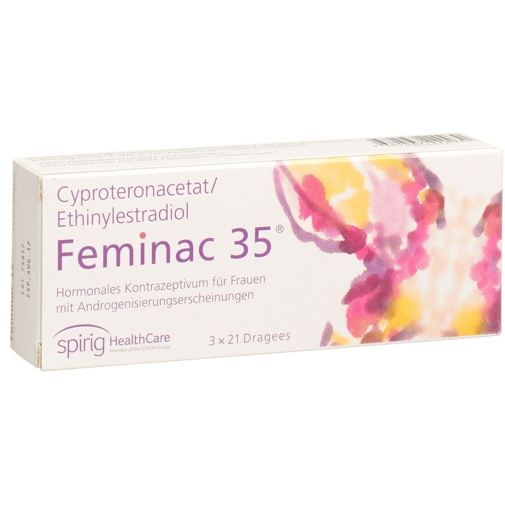 Boîte de comprimés "Feminac 35". Motif floral. Fond blanc.