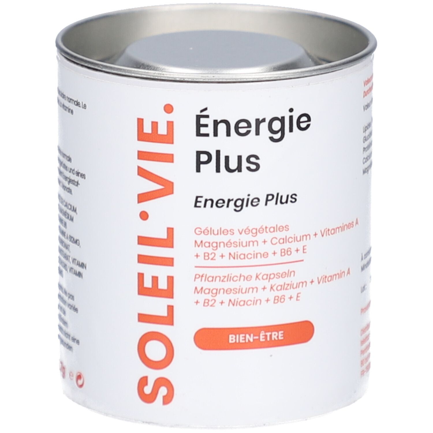 Weißes, zylindrisches Behältnis mit Deckel. Aufschrift: SOLEIL-VIE, Energie Plus. Enthält pflanzliche Kapseln. Orangefarbener Schriftzug: BIEN-ÊTRE.