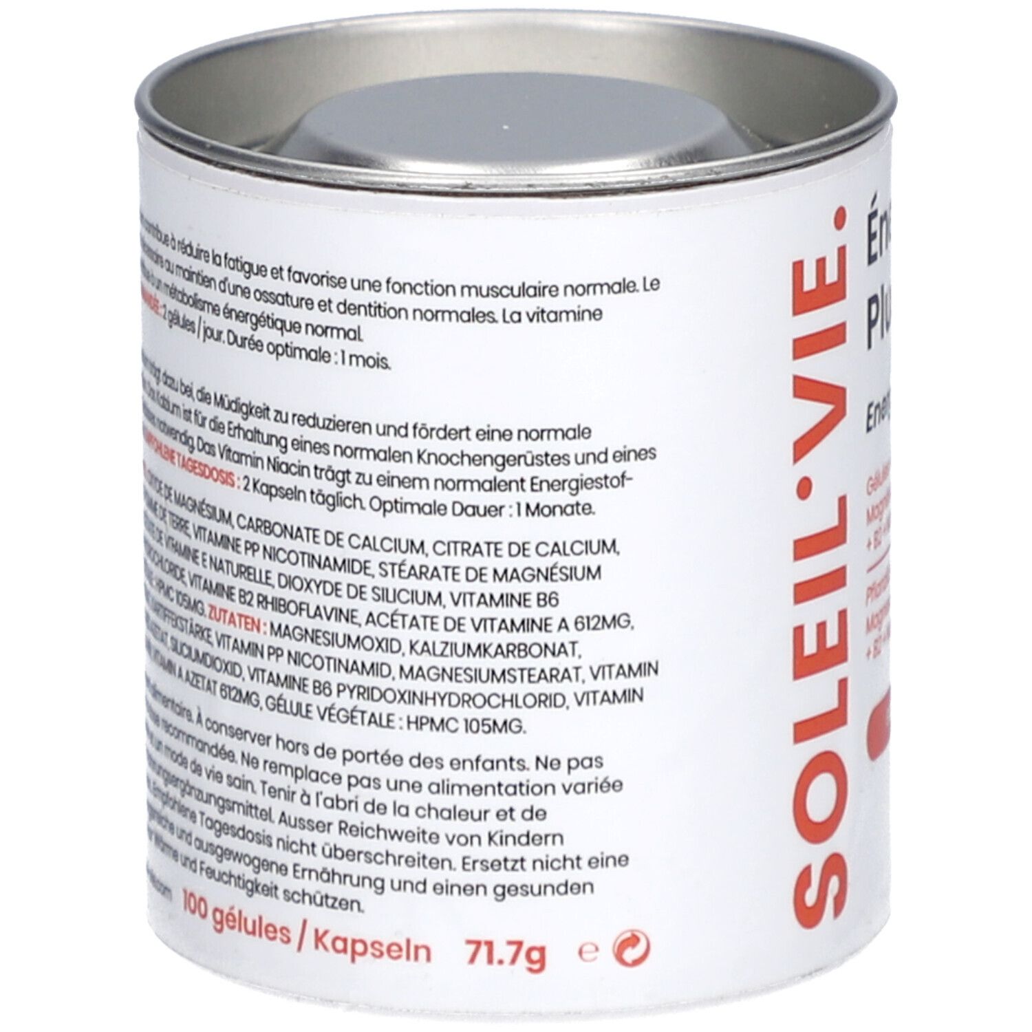 Weißes, zylindrisches Behältnis. Text auf Französisch und Deutsch. Enthält Informationen zu Inhaltsstoffen und Anwendung. Marke: SOLEIL-VIE. 100 Kapseln, 71.7g.