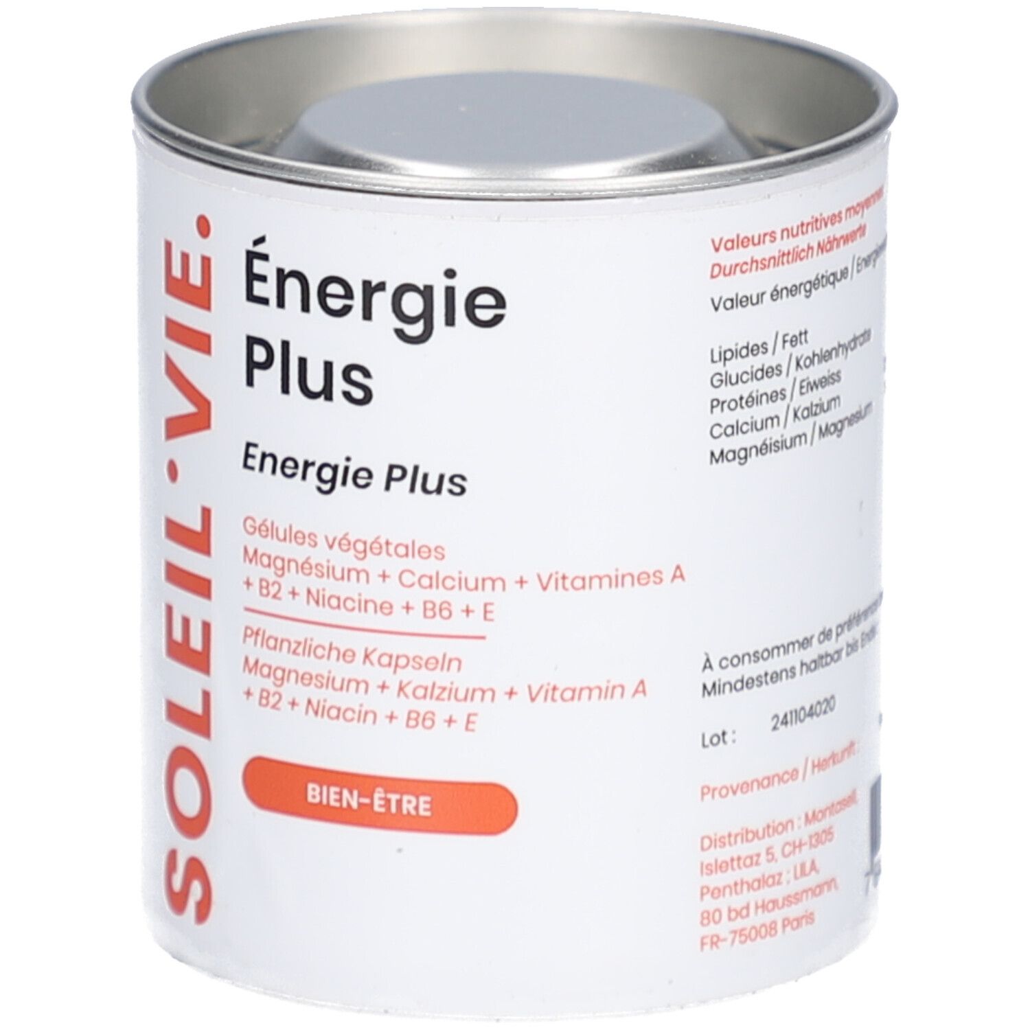 Weißes, zylindrisches Behältnis mit Deckel. Aufschrift: SOLEIL-VIE, Energie Plus. Enthält pflanzliche Kapseln. Orangefarbener Schriftzug: BIEN-ÊTRE.