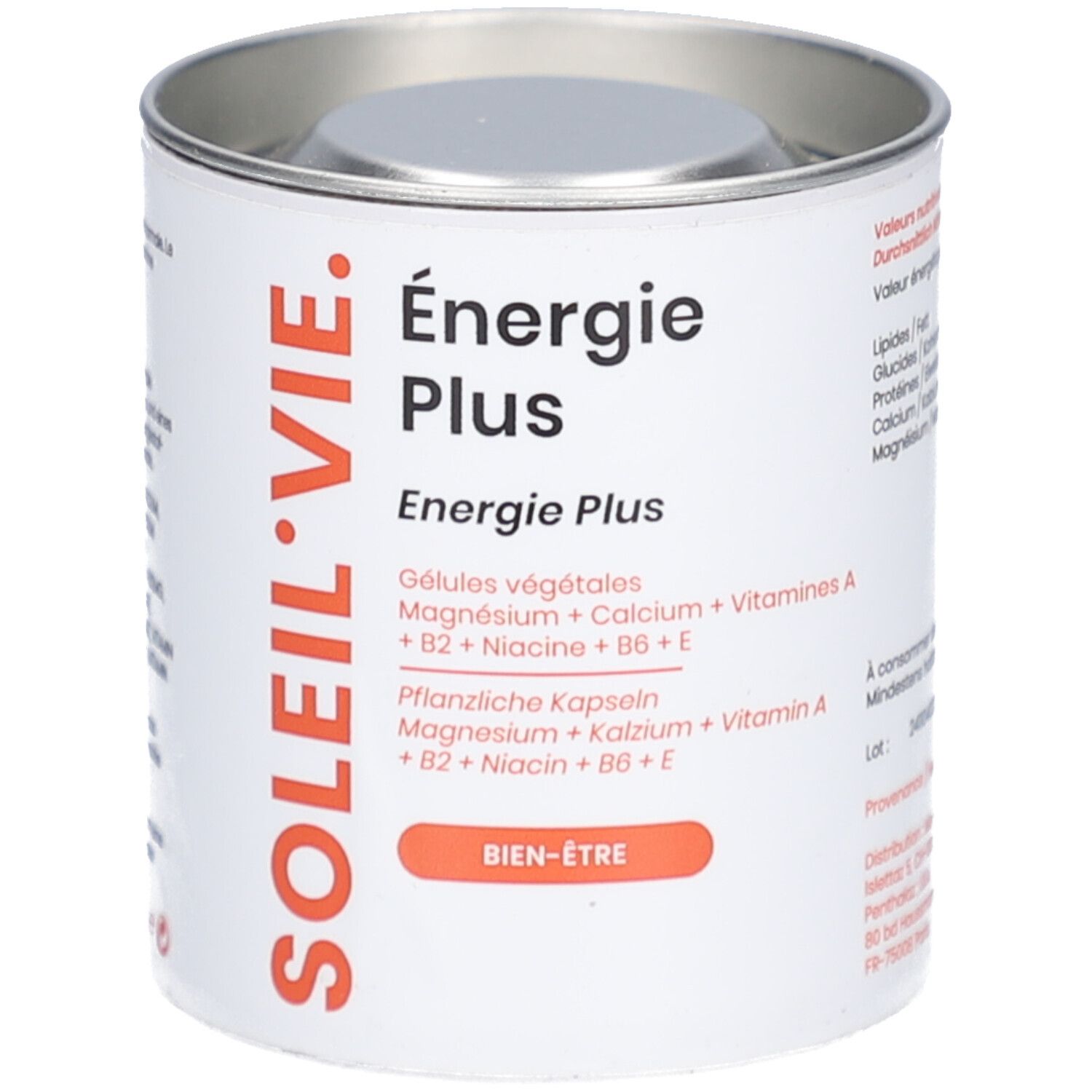 Weißes, zylindrisches Behältnis mit Deckel. Aufschrift: SOLEIL-VIE, Energie Plus. Enthält pflanzliche Kapseln. Orangefarbener Schriftzug: BIEN-ÊTRE.