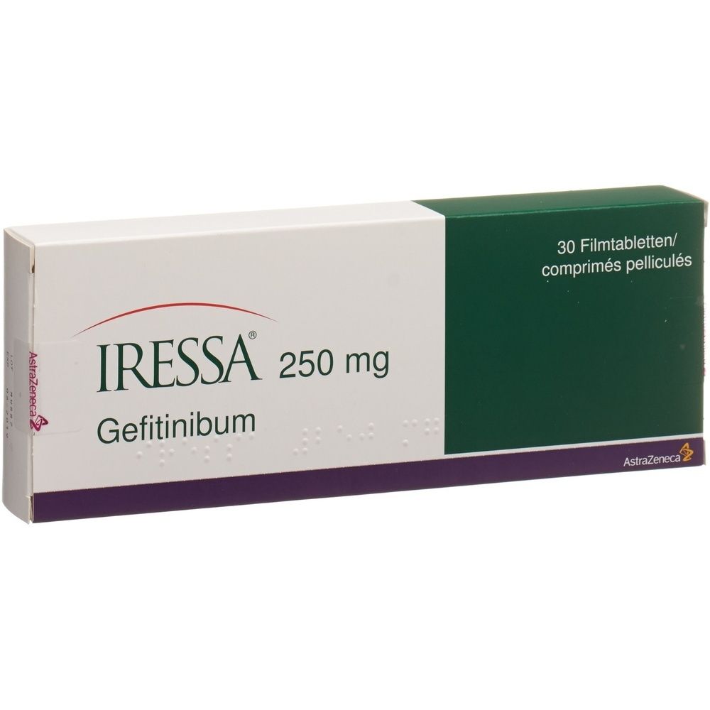 Schachtel mit IRESSA Filmtabl 250 mg. Weiß mit grüner Akzentfarbe. Text: IRESSA, 250 mg, Filmtabl.