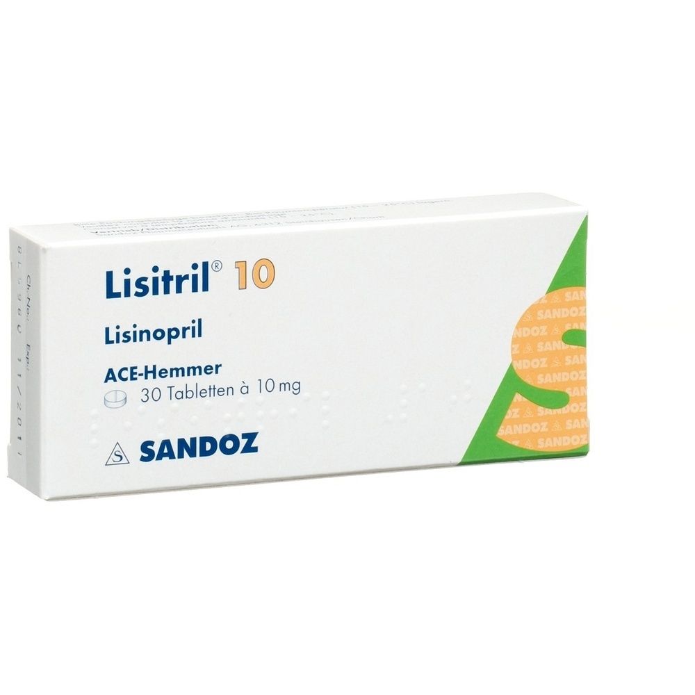 Kartonverpackung mit Produktinformationen. Text: Lisitril 10 mg, 30 Stk. Herstellerlogo. Weiß, grün und gelb. Rechteckige Form.