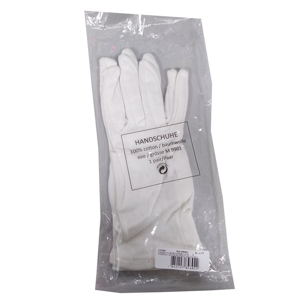 Weiße Baumwoll-Handschuhe in Plastikverpackung. Aufschrift: HANDSCHUHE, 100% Baumwolle, Größe M, 1 Paar.