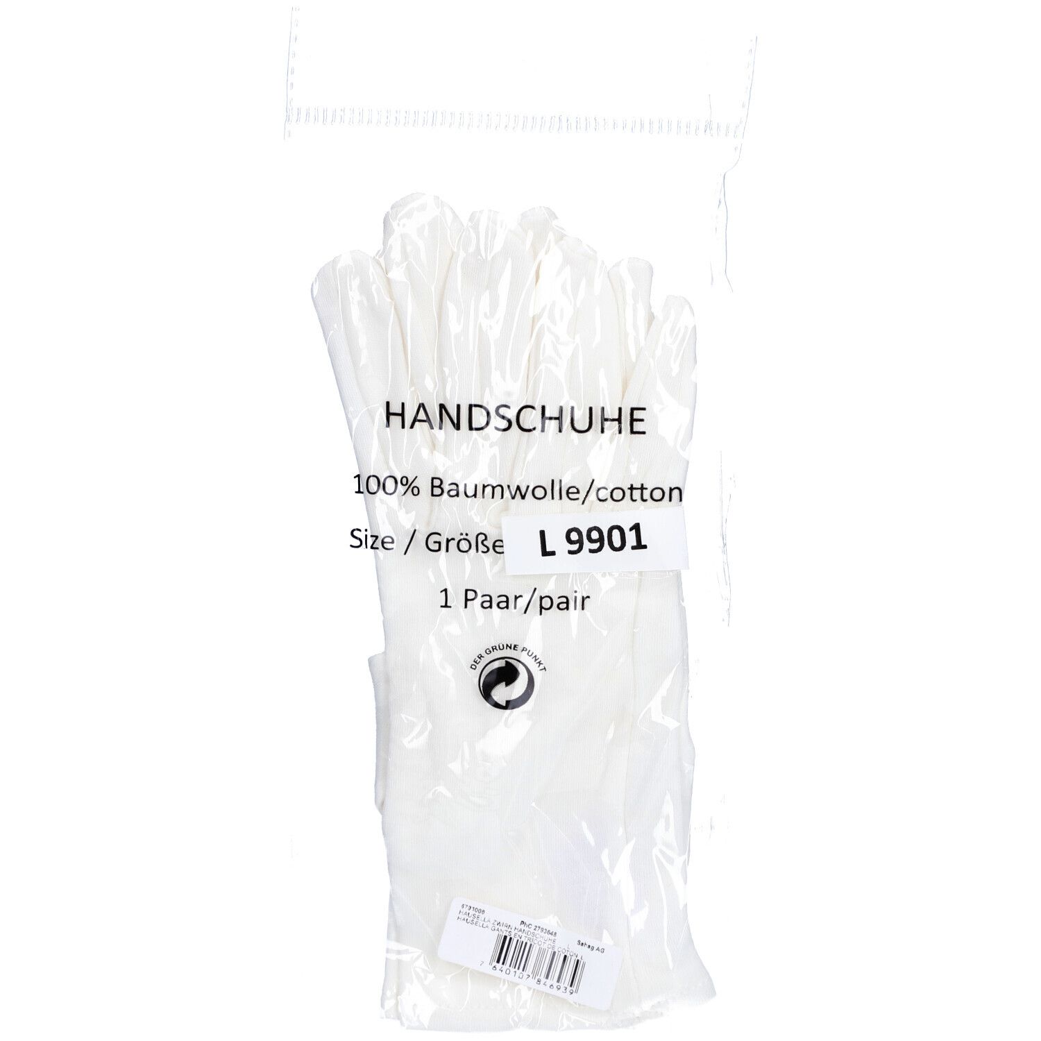Weiße Baumwollhandschuhe in Folienverpackung. Aufschrift: HANDSCHUHE, 100% Baumwolle, Größe L 9901, 1 Paar.