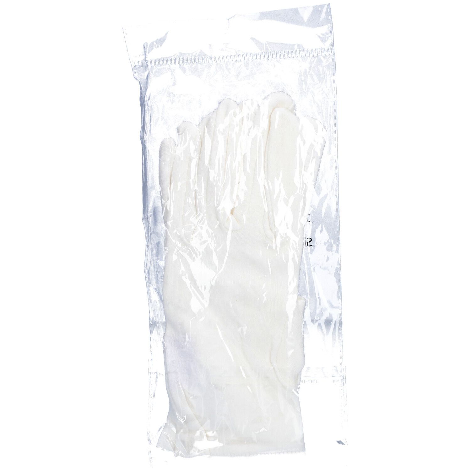 Ein Paar weiße Handschuhe in einer transparenten Folienverpackung. Die Handschuhe sind aus Baumwolle.