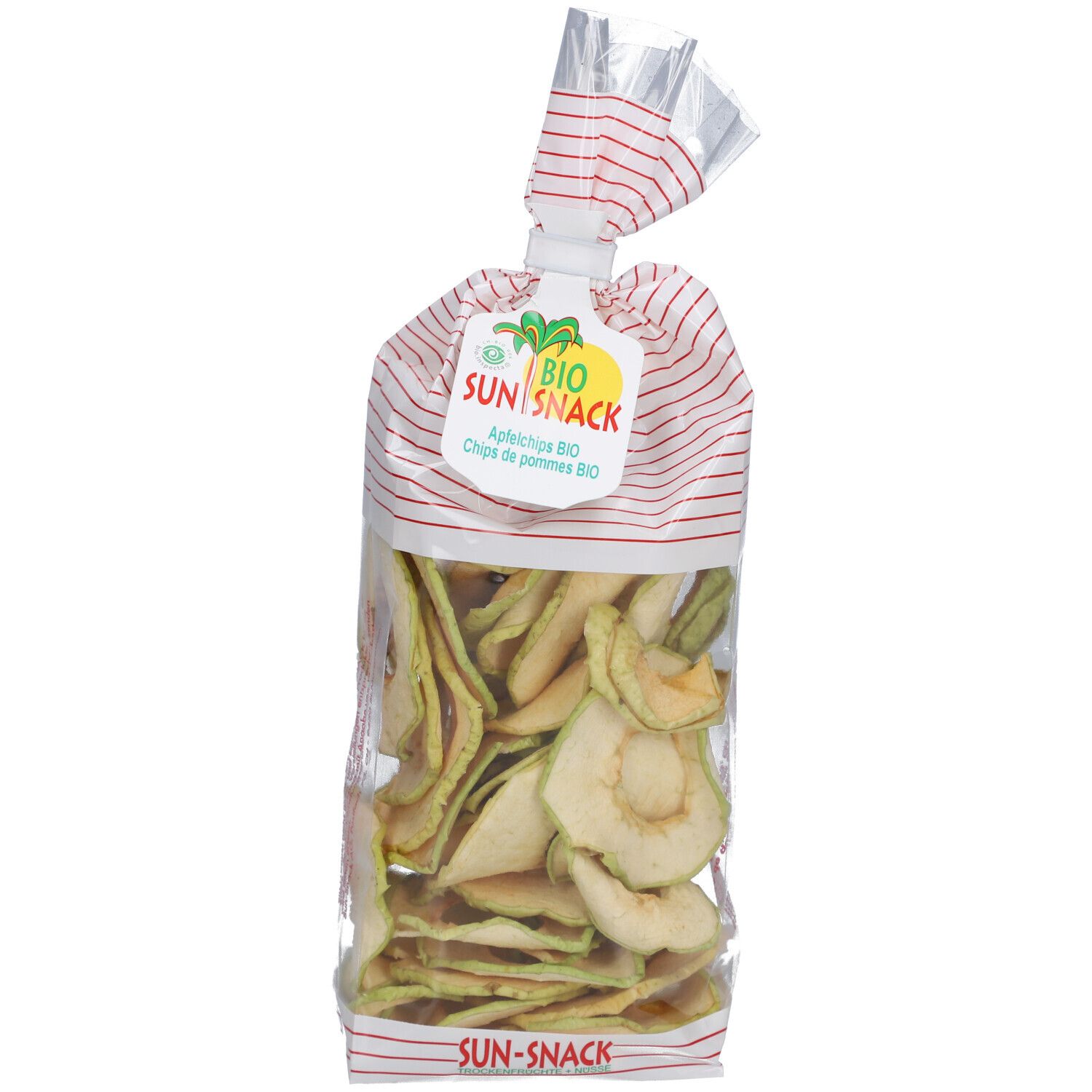 Sachet transparent de chips de pommes BIO BIO SUN SNACK. Rayures rouges sur le sachet. Inscription : BIO SUN SNACK, Apfelchips BIO, Chips de pommes BIO.