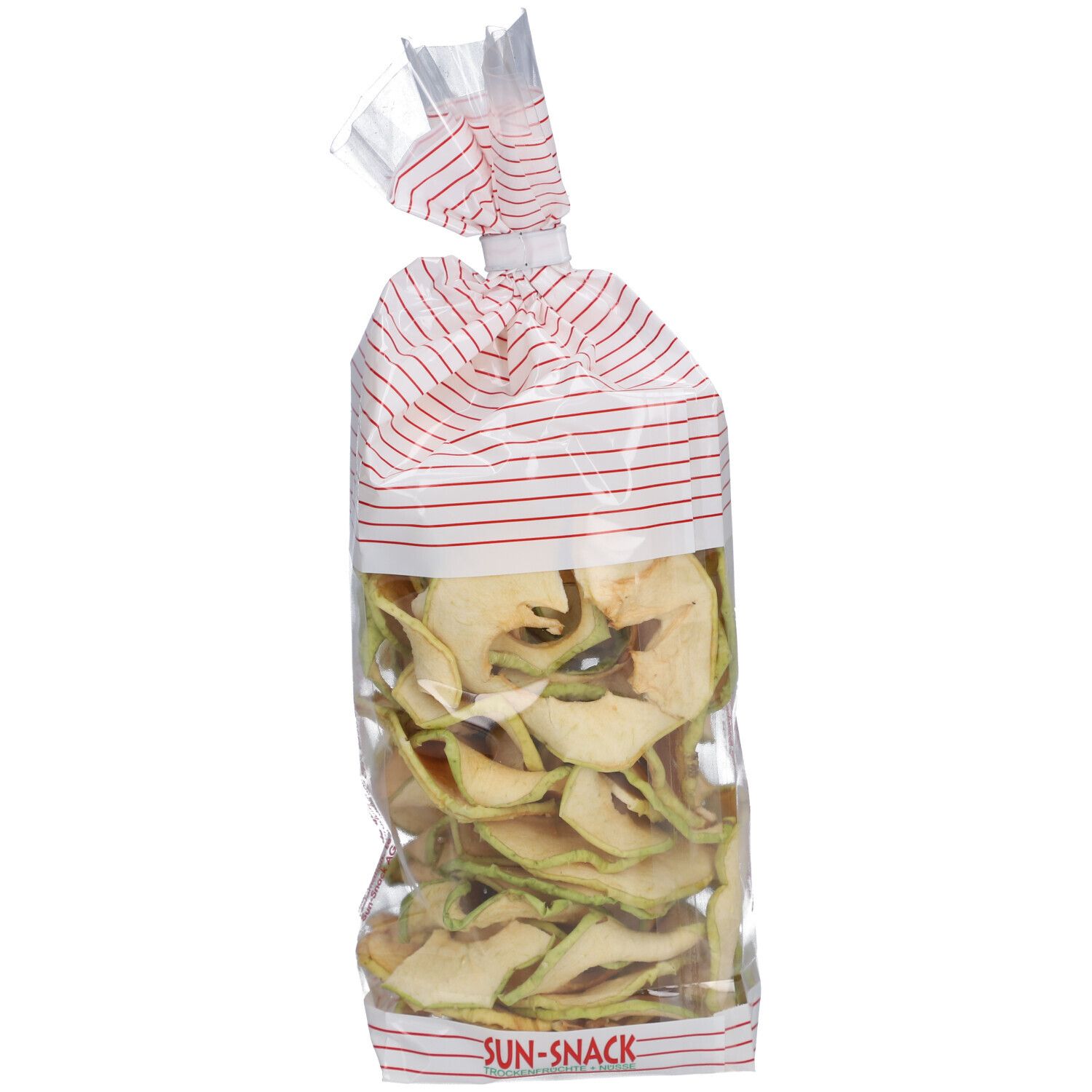 Sachet transparent de chips de pommes BIO BIO SUN SNACK. Rayures rouges sur le sachet. Inscription : BIO SUN SNACK, Apfelchips BIO, Chips de pommes BIO.