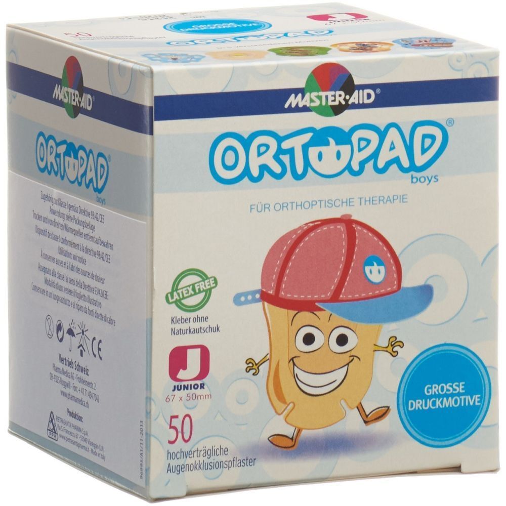 Boîte de pansements occlusifs ORTHOPAD Boys. Illustration enfantine. 50 pansements. Taille Junior 67x50mm. Sans latex.