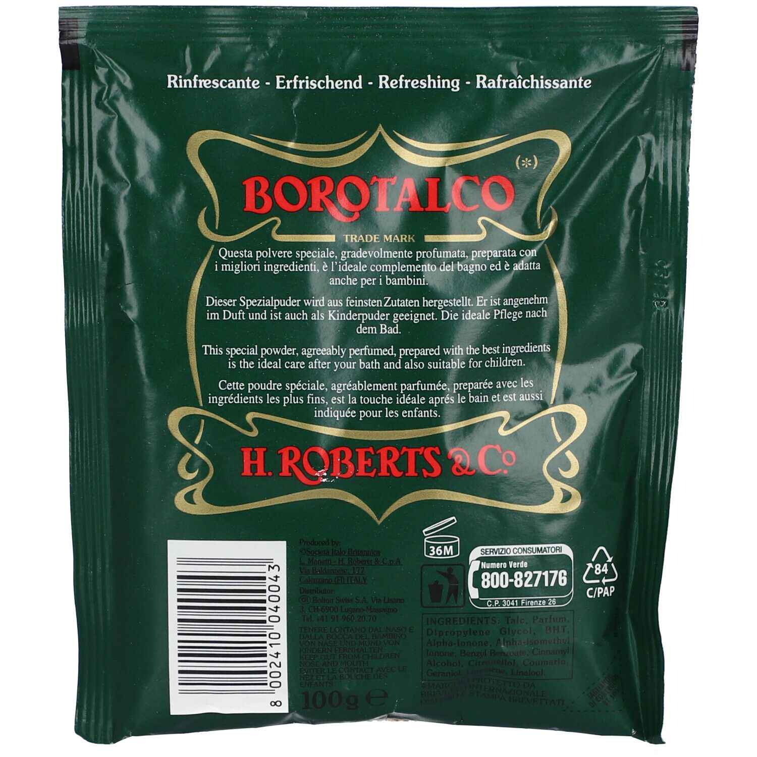 Dos d'un sachet Borotalco vert. Texte: Rinfrascante - Erfrischend - Refreshing - Rafraîchissante. Contient du texte et des logos.