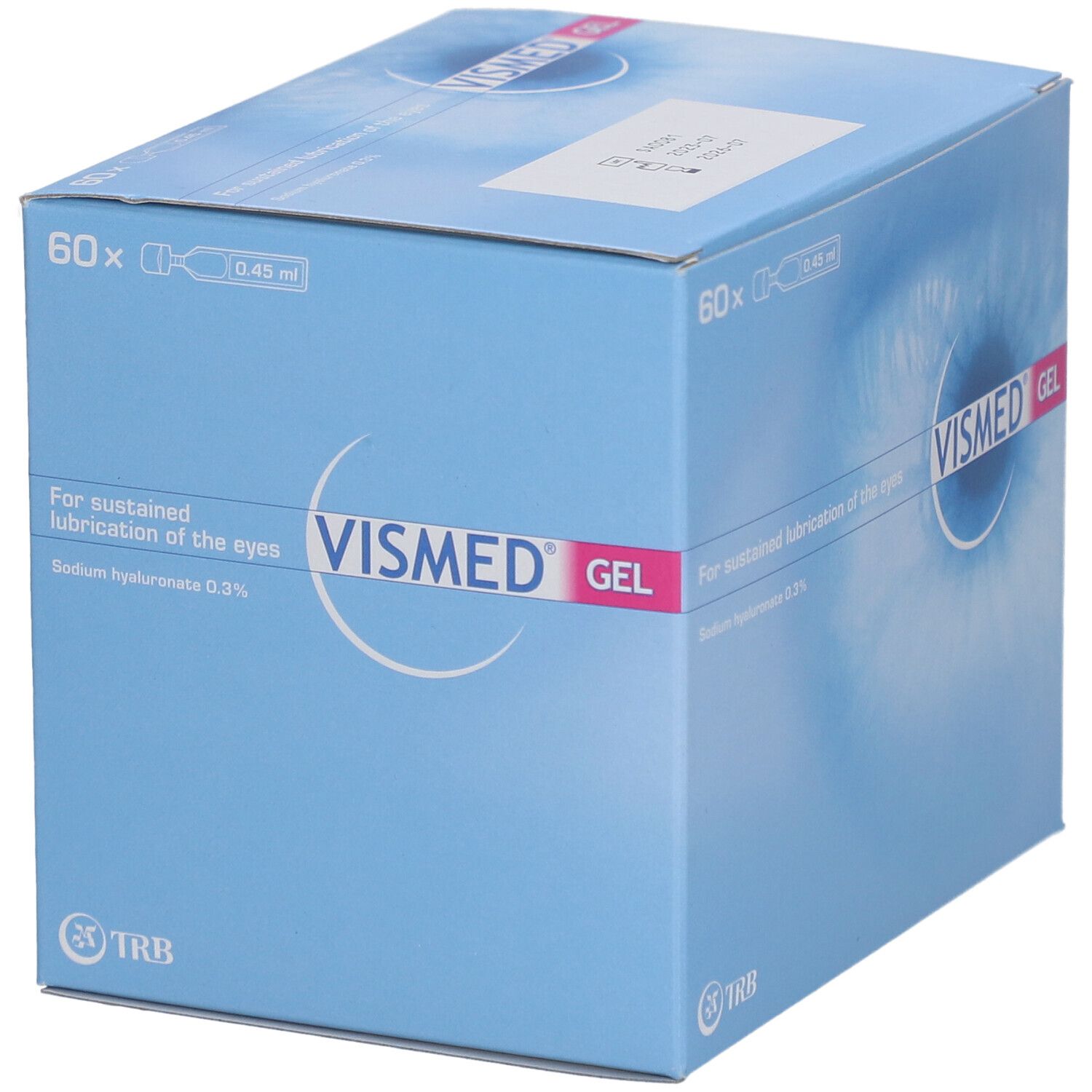 Kartonverpackung mit VISMED GEL-Logo. Enthält 60 Einzeldosen. Text: For sustained lubrication of the eyes. Hintergrund: blau.