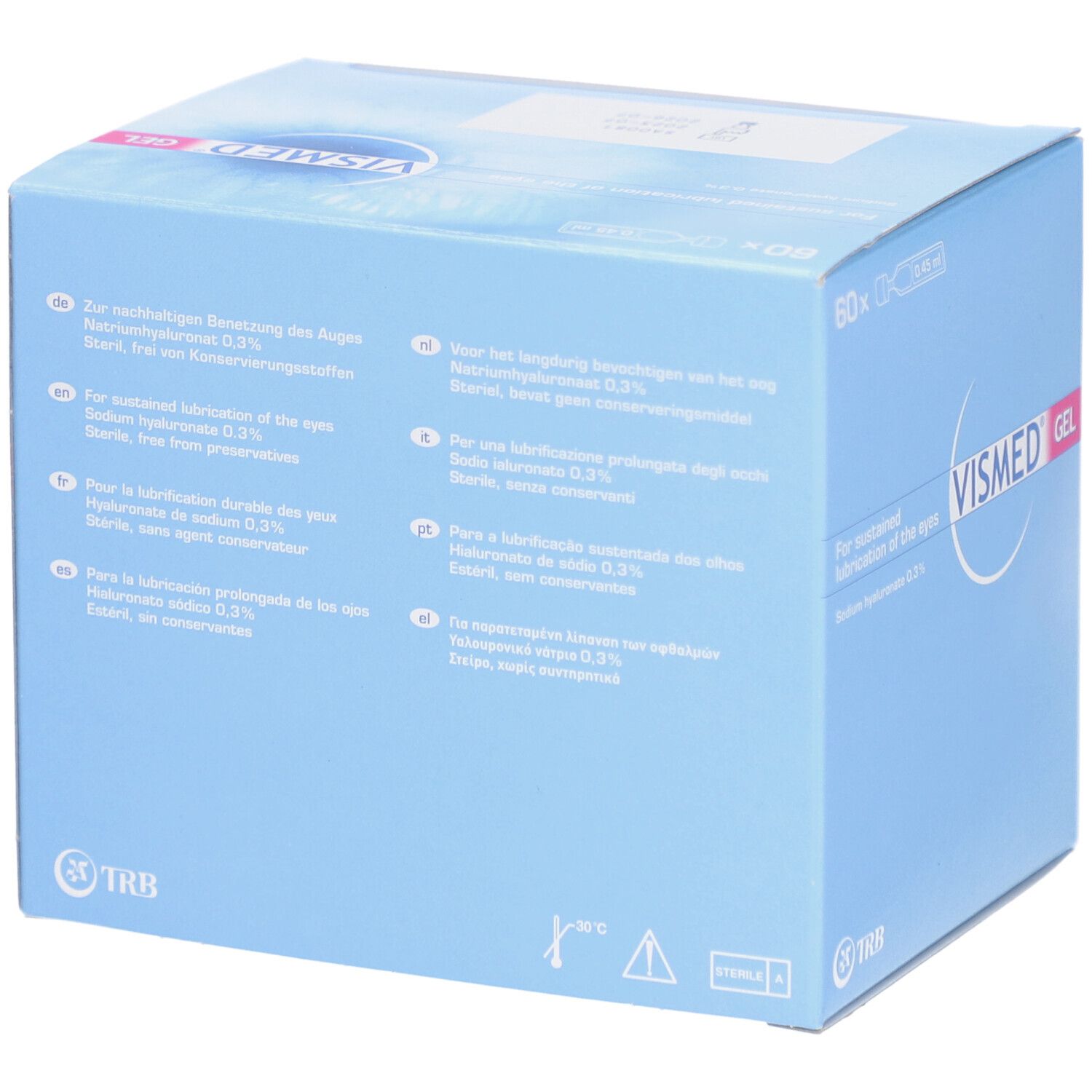 Rückseite der Kartonverpackung mit Text in mehreren Sprachen. VISMED GEL-Logo. Enthält 60 Einzeldosen. Hintergrund: blau.