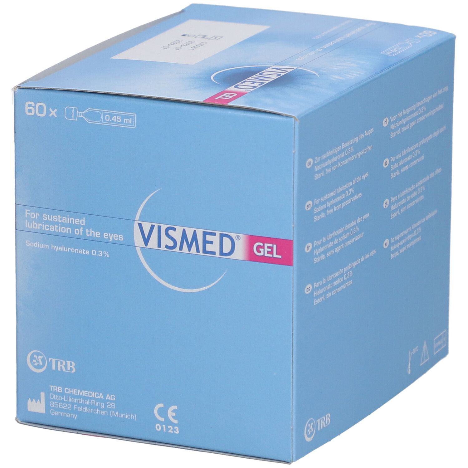 Kartonverpackung mit VISMED GEL-Logo. Enthält 60 Einzeldosen. Text: For sustained lubrication of the eyes. Hintergrund: blau.