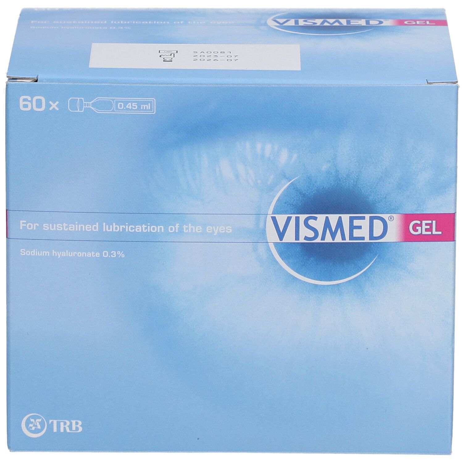 Kartonverpackung mit VISMED GEL-Logo. Enthält 60 Einzeldosen. Text: For sustained lubrication of the eyes. Hintergrund: blau.
