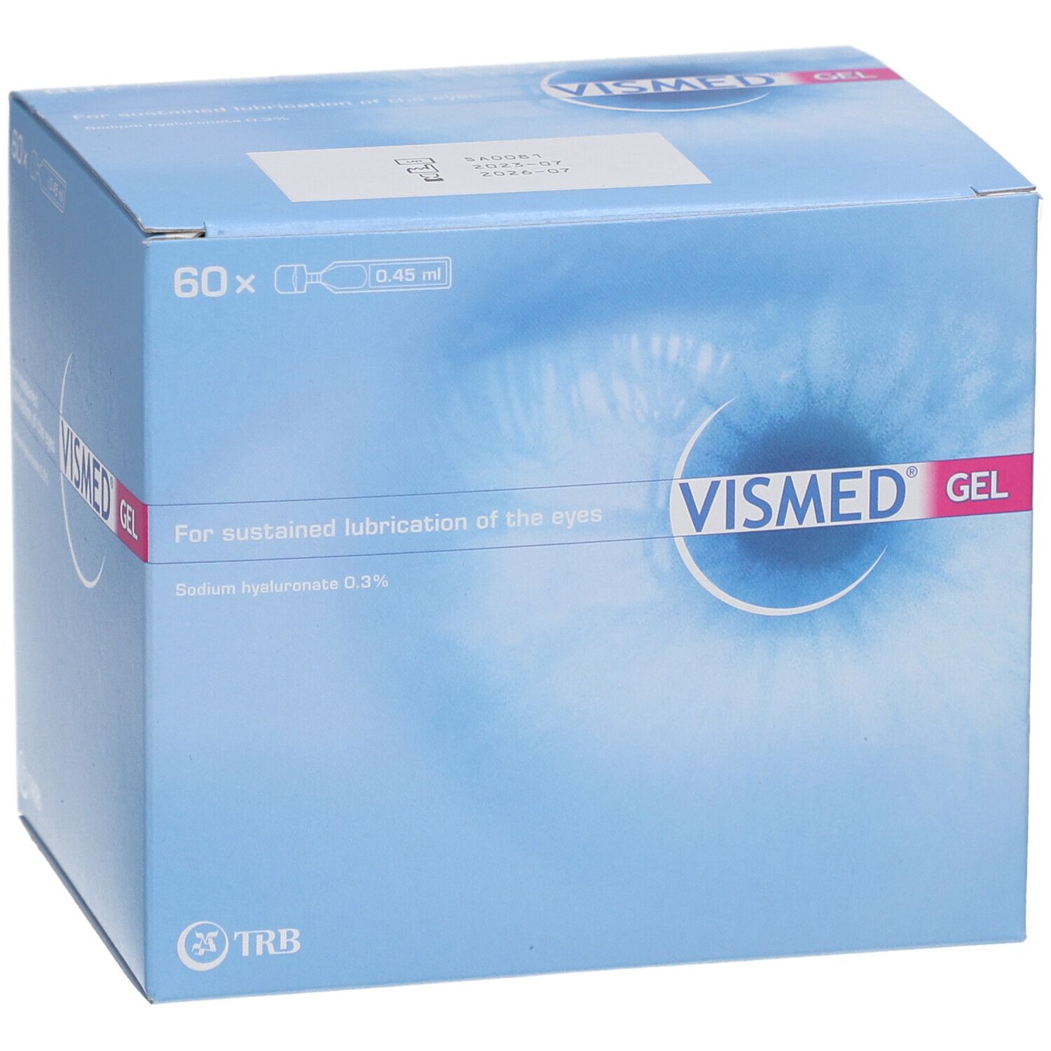 Kartonverpackung mit VISMED GEL-Logo. Enthält 60 Einzeldosen. Text: For sustained lubrication of the eyes. Hintergrund: blau.