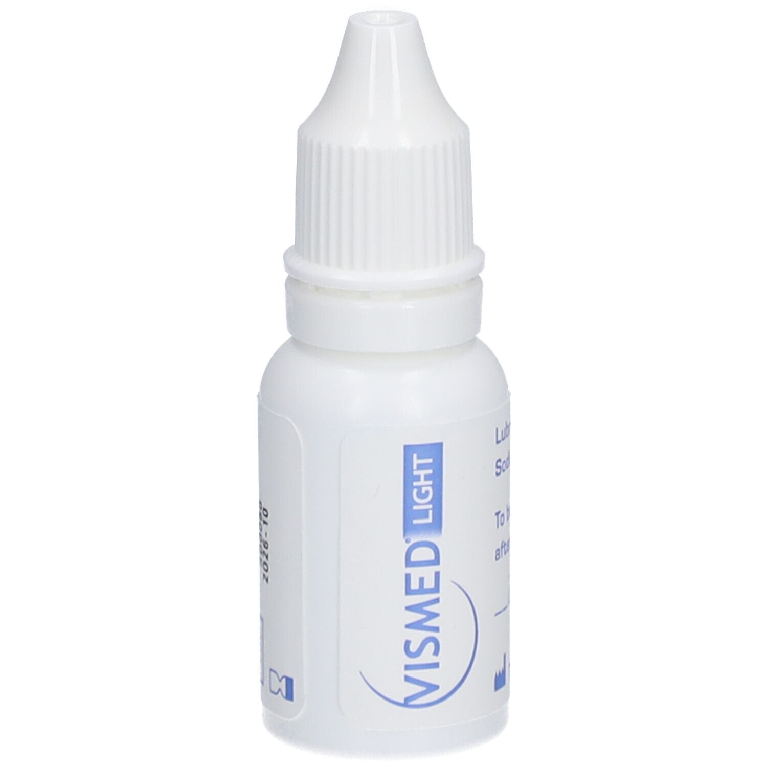 Weiße Augentropfen-Flasche mit Schraubverschluss. Aufschrift: VISMED LIGHT, Datum.