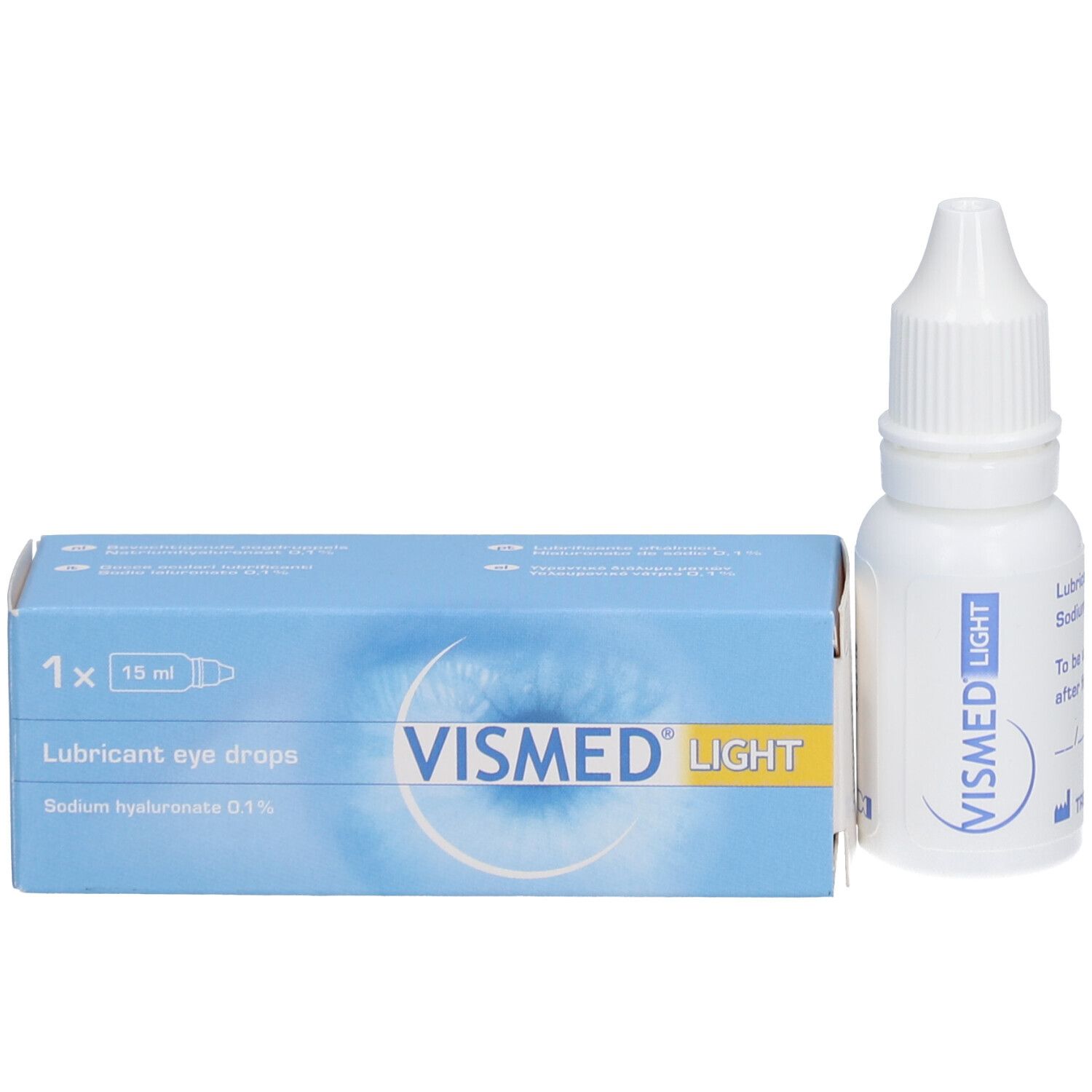 Augentropfen-Flasche und Schachtel. Aufschrift: VISMED LIGHT, 15 ml.