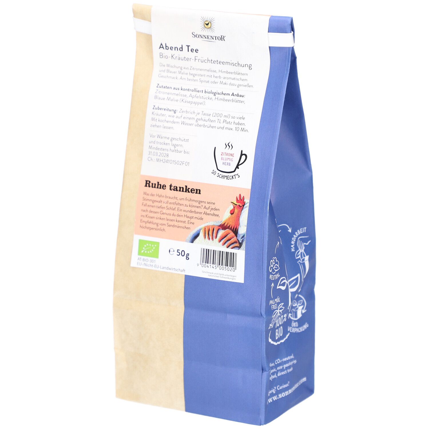 Rückseite der Verpackung von SONNENTOR Abend Tee BIO. Text, Logo, Illustrationen und Bio-Siegel. 50g.