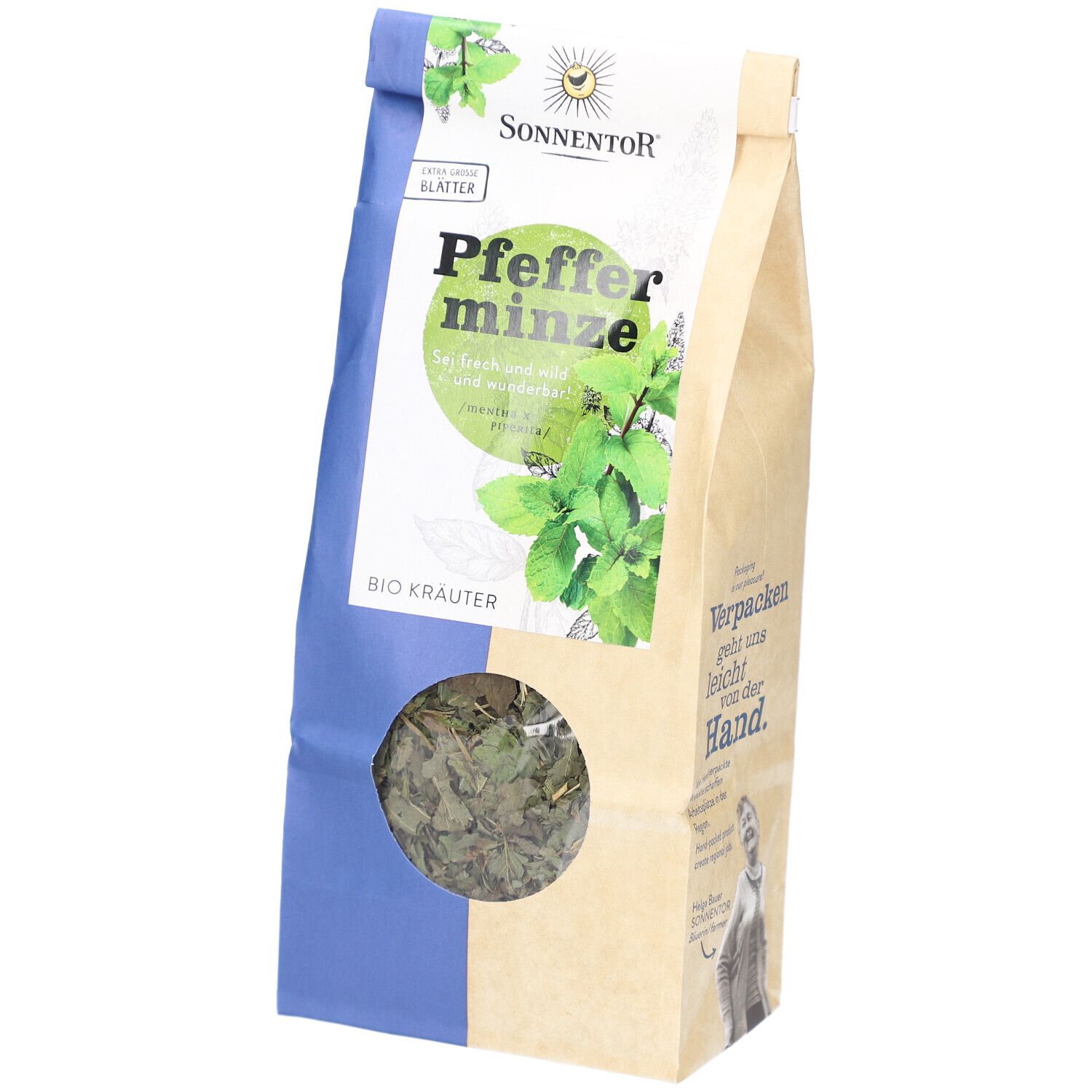 Sachet de thé à la menthe poivrée BIO avec fenêtre. Logo SONNENTOR et nom du produit. Feuilles de menthe poivrée.