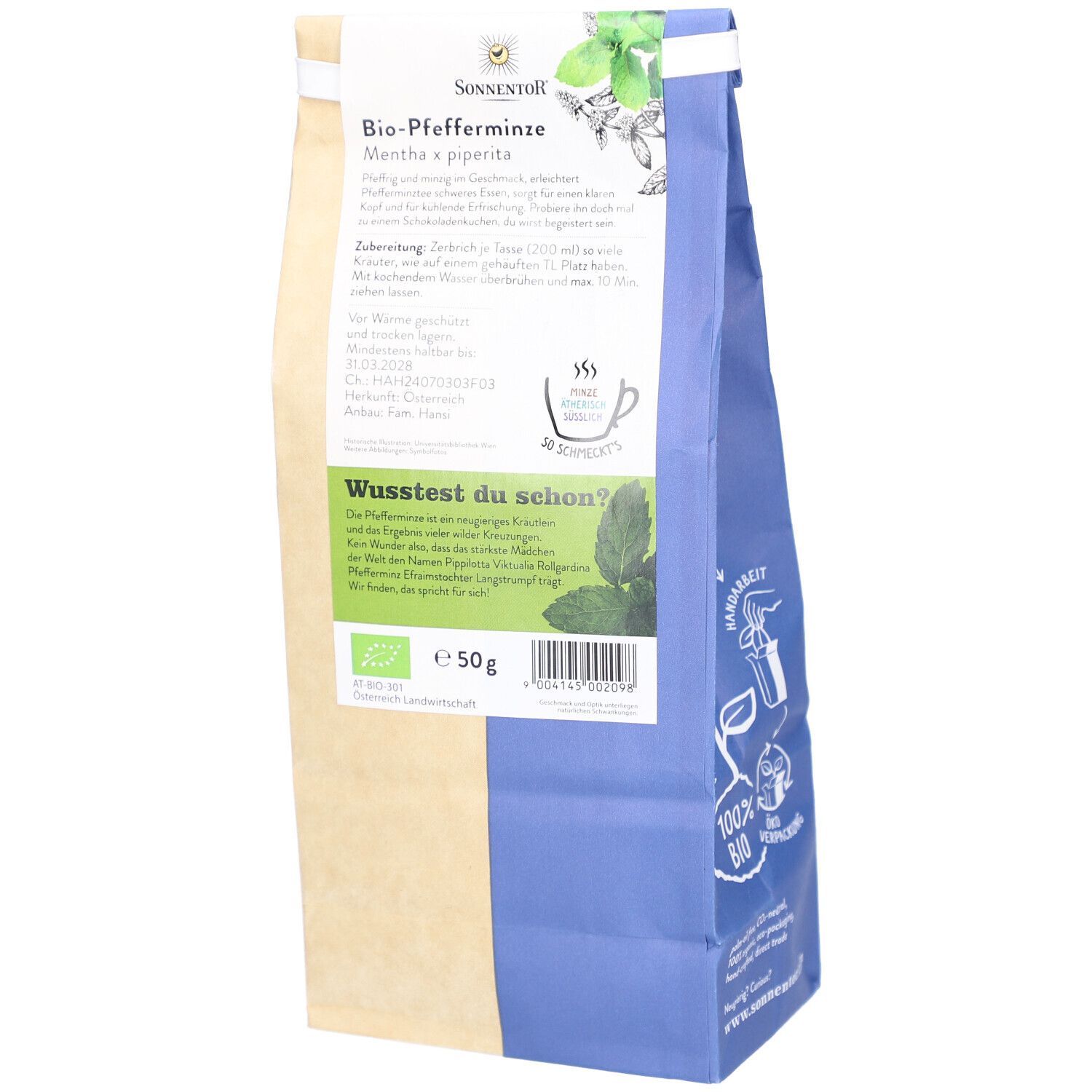 Dos du sachet de thé BIO. Logo SONNENTOR, nom du produit, ingrédients, instructions de préparation, poids 50g, label bio.