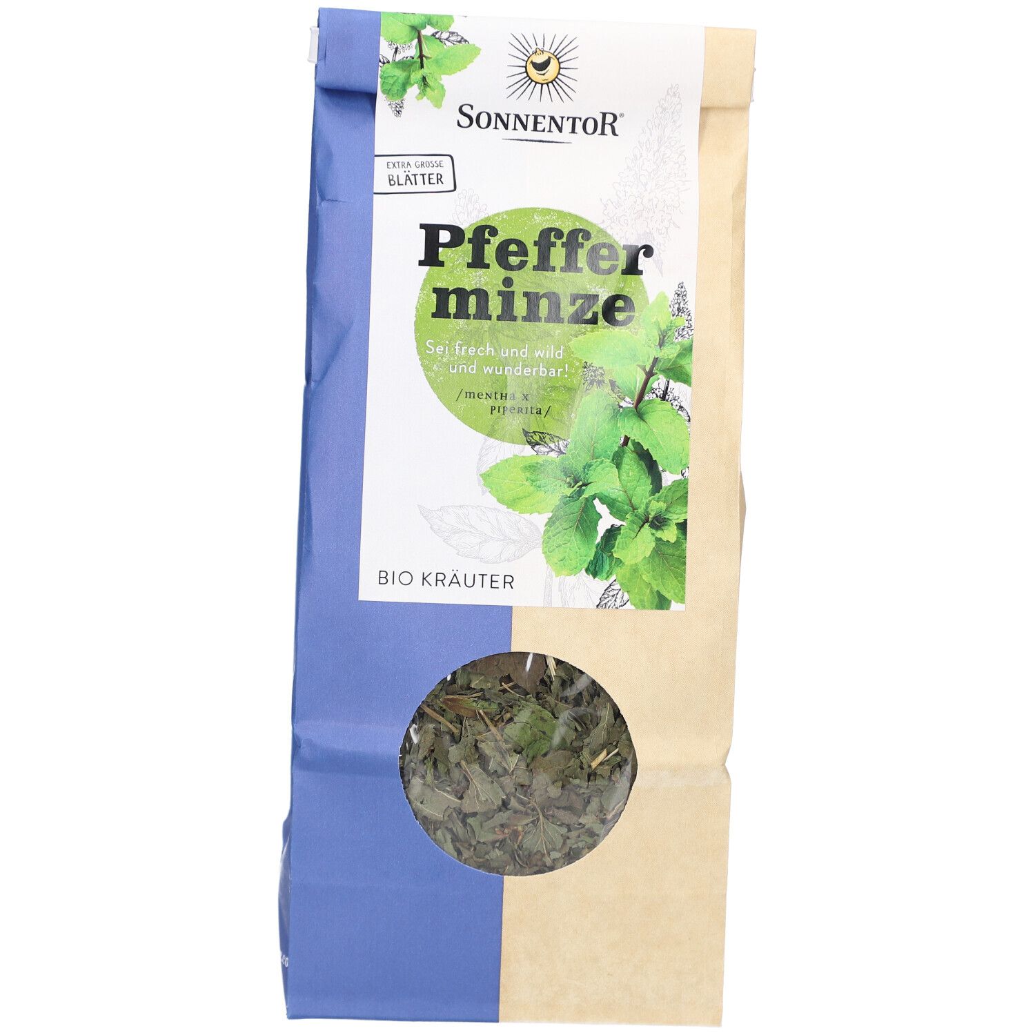 Sachet de thé à la menthe poivrée BIO avec fenêtre. Logo SONNENTOR et nom du produit. Feuilles de menthe poivrée.