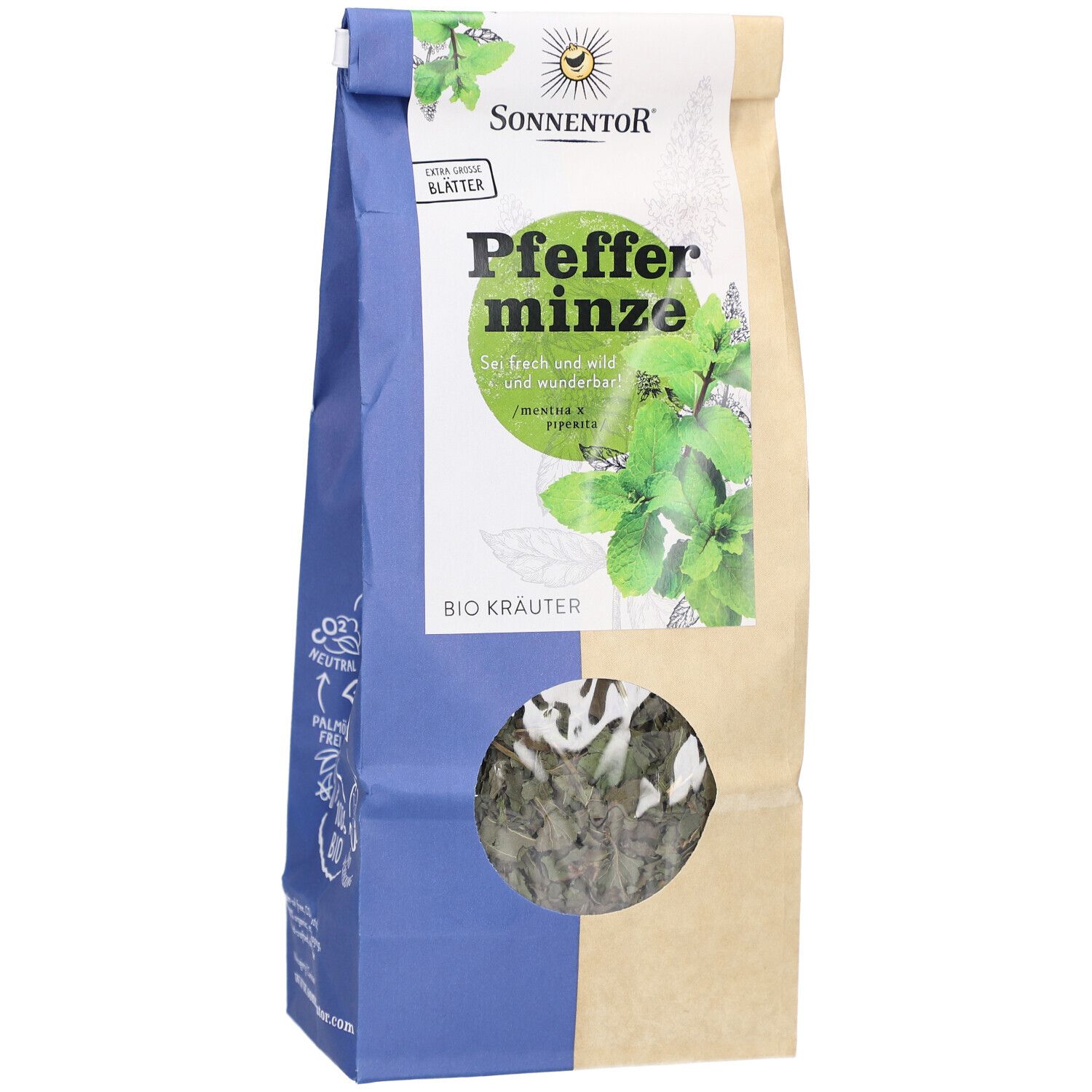Sachet de thé à la menthe poivrée BIO avec fenêtre. Logo SONNENTOR et nom du produit. Feuilles de menthe poivrée.