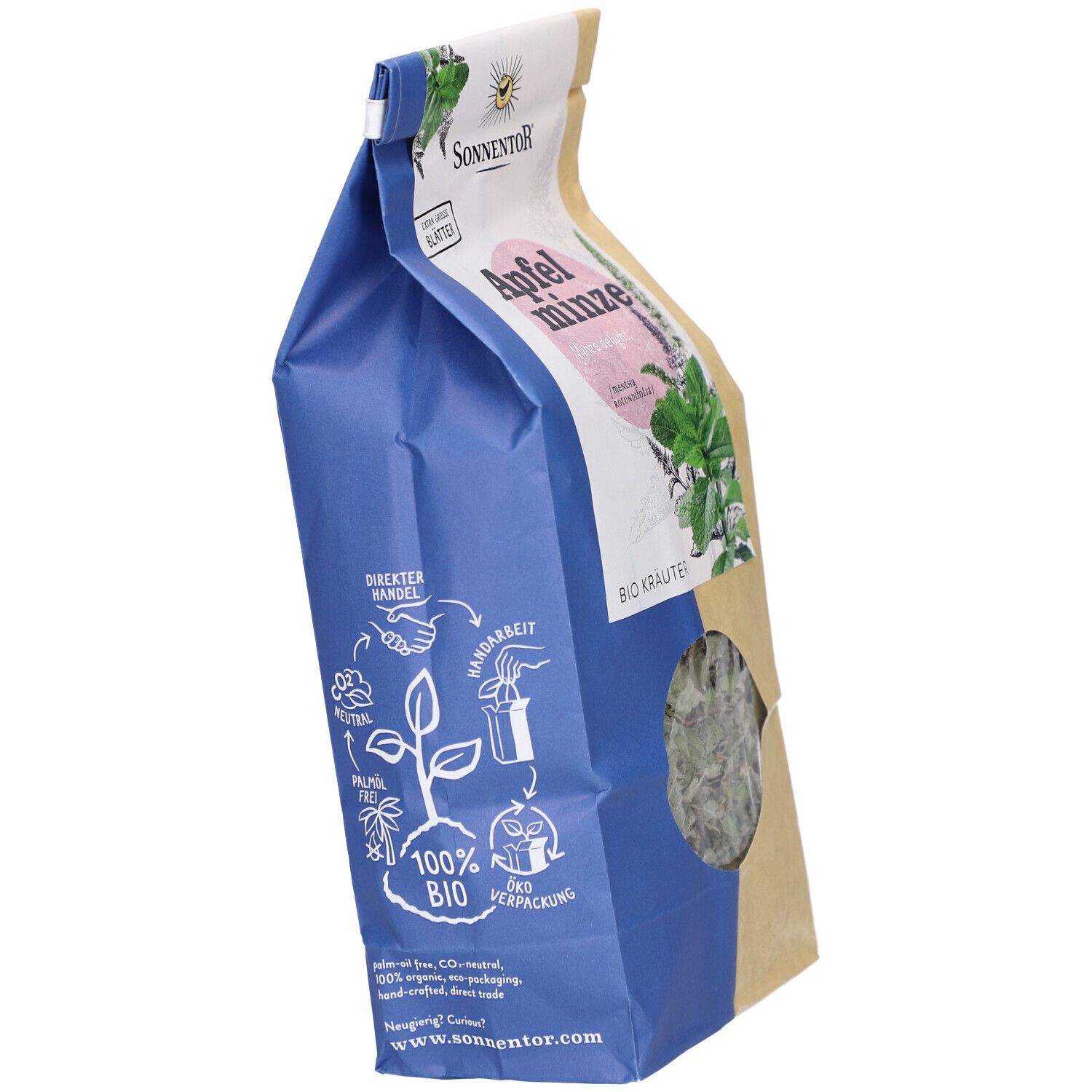 Sachet bleu et marron de thé à la menthe pomme. Logo 100% BIO. Marque SONNENTOR.