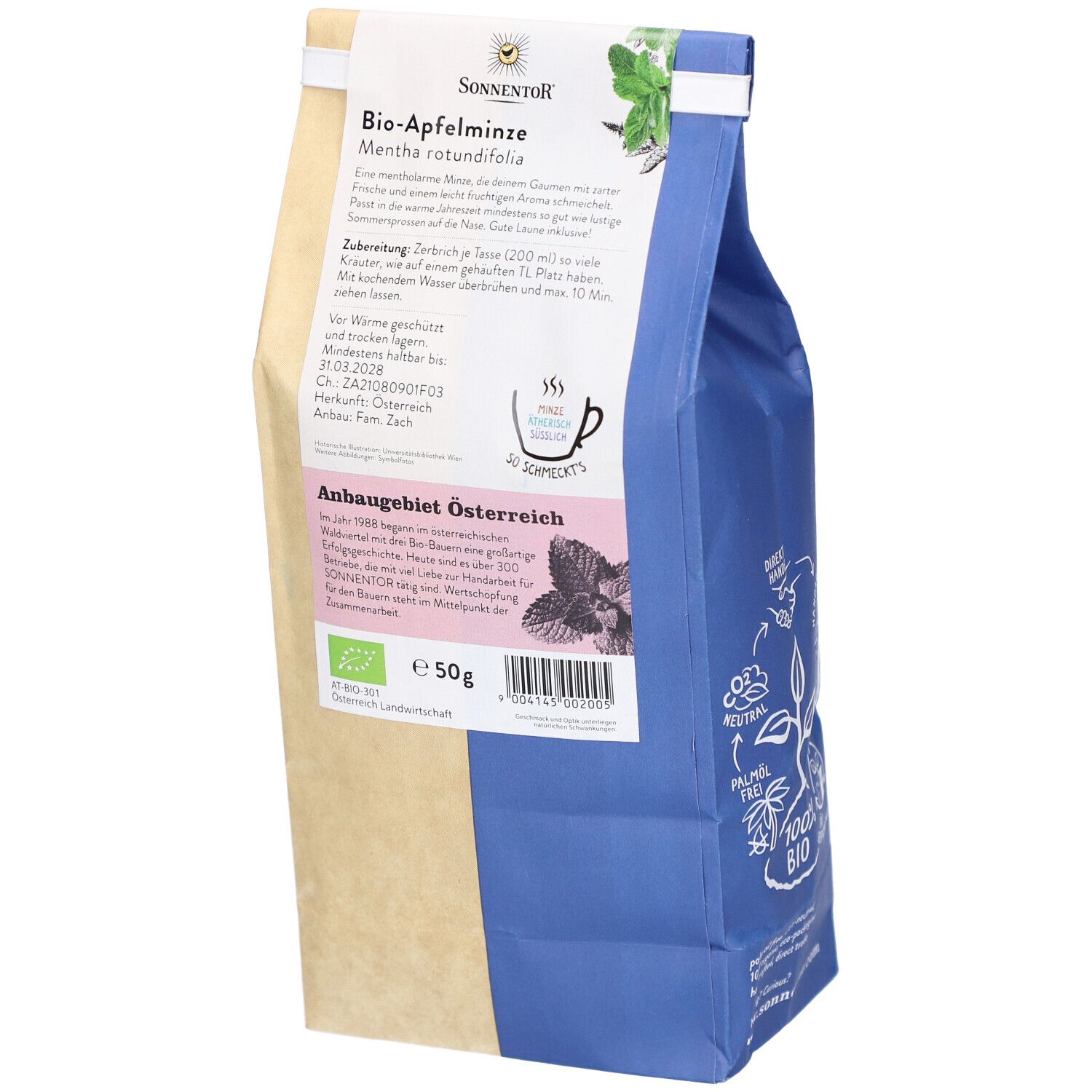 Dos du sachet de thé. Texte avec instructions de préparation. Certification BIO. Marque SONNENTOR.