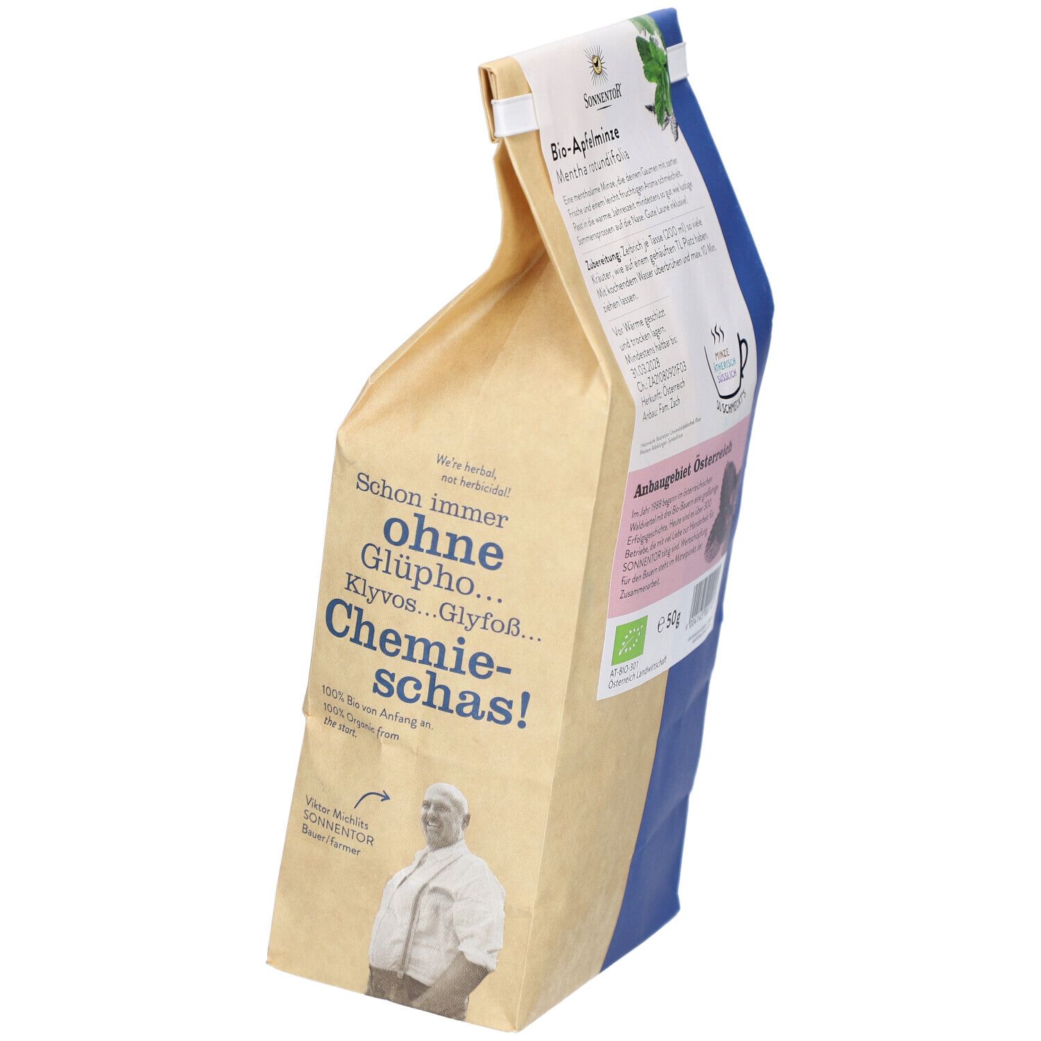 Sachet de thé à la menthe pomme. Texte : sans chimie. Marque SONNENTOR. Certification BIO.