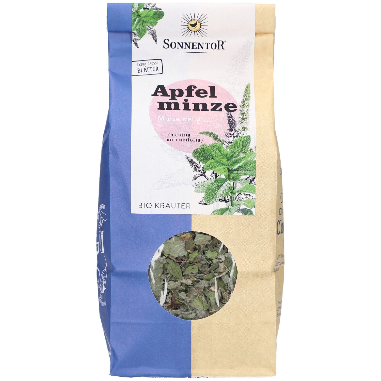 Sachet de thé à la menthe pomme. Fenêtre montrant des feuilles séchées. Marque SONNENTOR.
