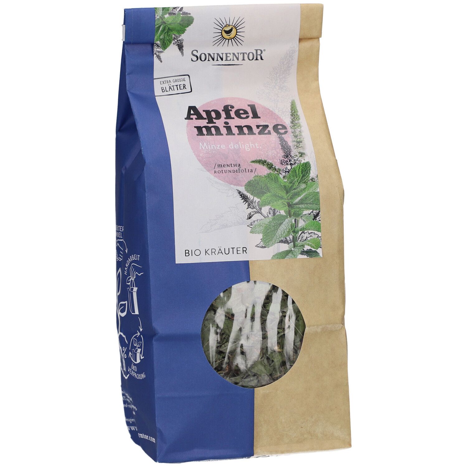 Sachet de thé à la menthe pomme. Fenêtre montrant des feuilles séchées. Marque SONNENTOR.