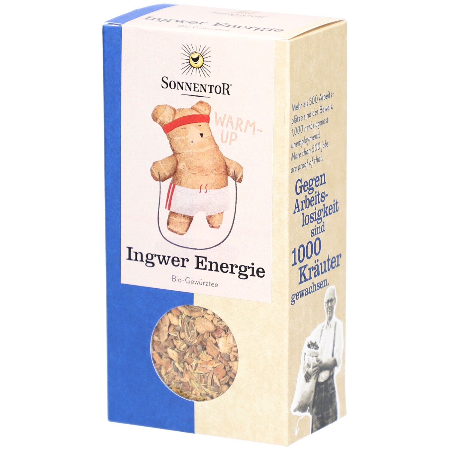 Boîte de thé SONNENTOR Ingwer Energie BIO. Face avant avec illustration d'un ours en gingembre sautant à la corde.