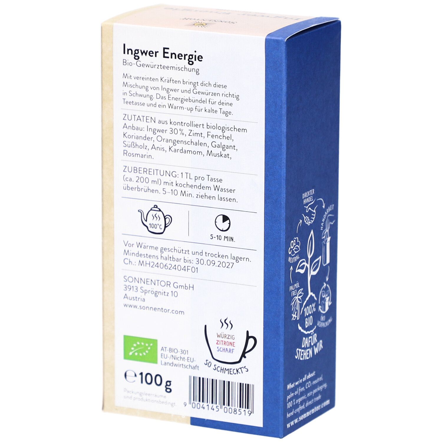 Dos de l'emballage du thé SONNENTOR Ingwer Energie BIO. Texte sur les ingrédients, la préparation et la certification.