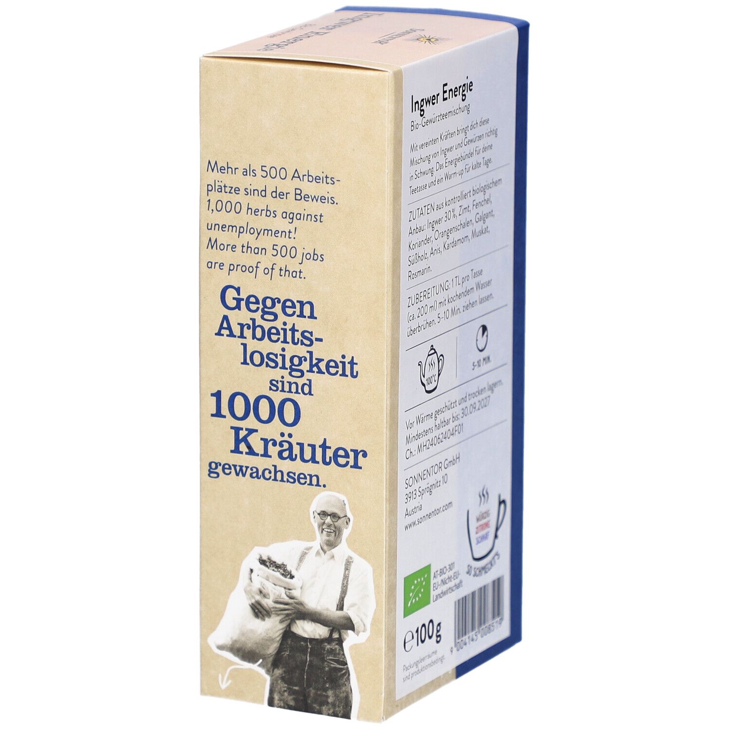 Côté de l'emballage du thé SONNENTOR Ingwer Energie BIO. Texte sur les emplois et les herbes. Logo et certification.